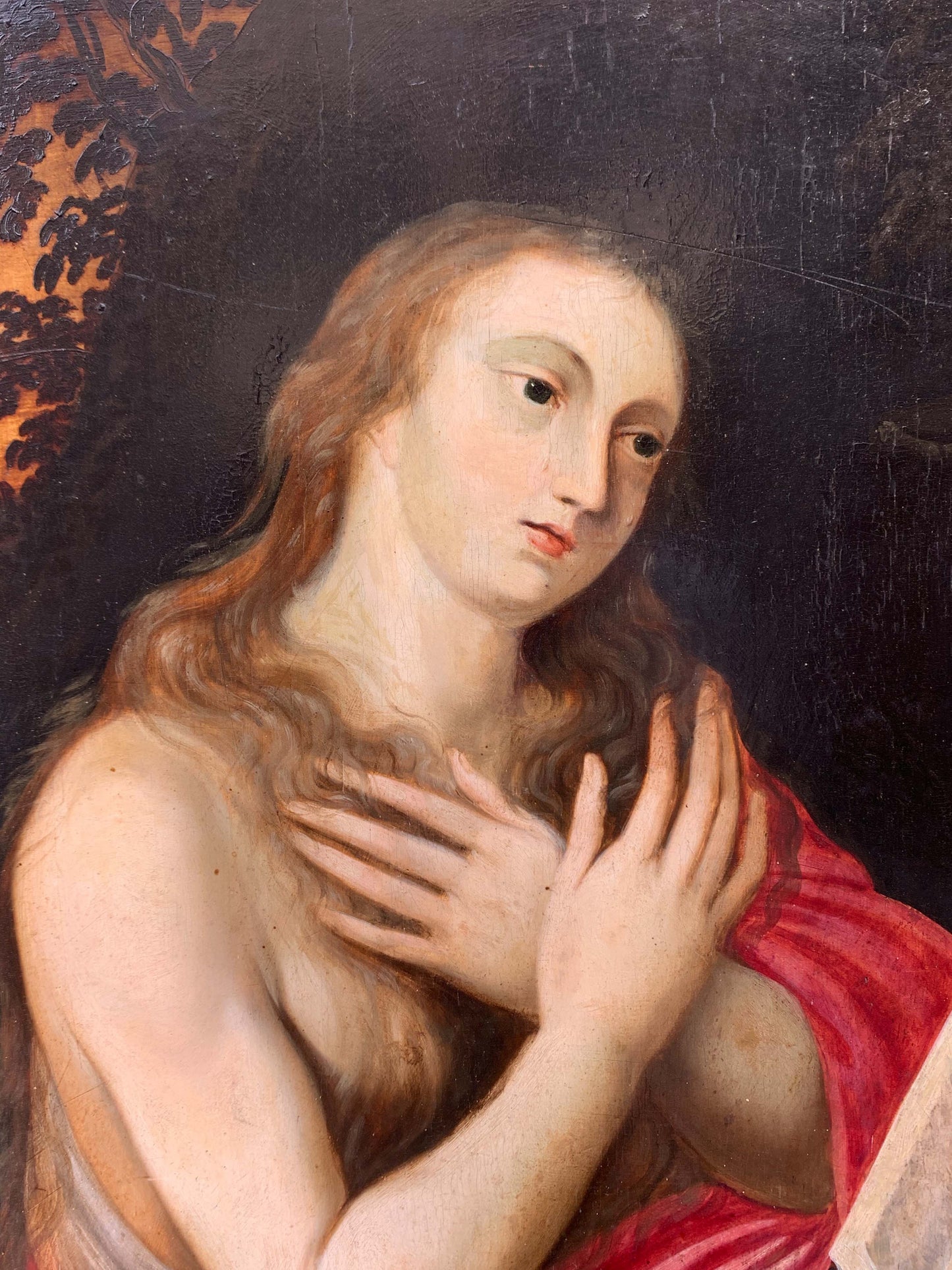 Penitent Mary Magdalene on oak panel with atelier drawings and paper collage on the reverse. Flemish or Dutch school, 17th century