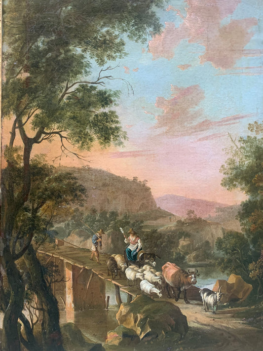 Circle of Jan Both  ( Utrecht, 1618-1652).  Italianate landscape with shepherd and a bridge