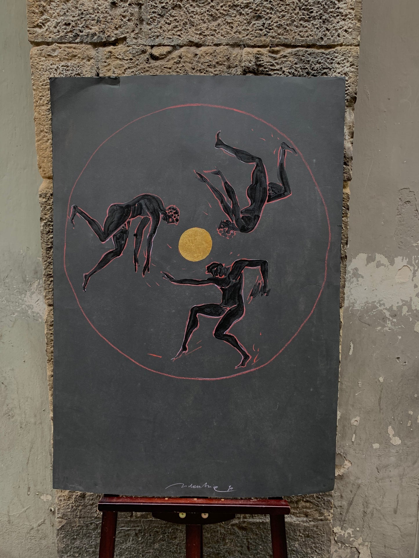 Dionysian. Three Male Figures Dancing Around a Golden Sun by Marco Silombria