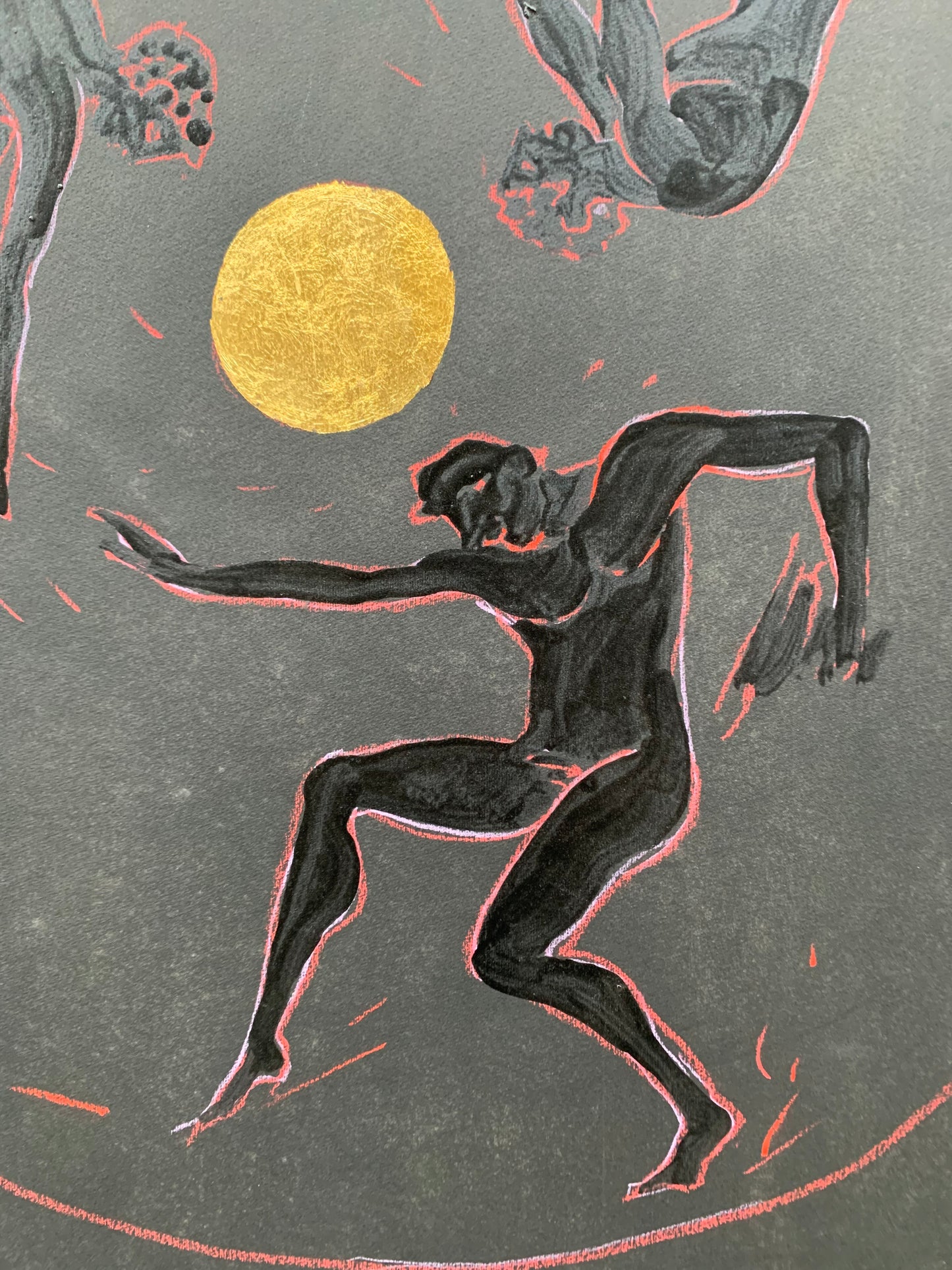 Dionysian. Three Male Figures Dancing Around a Golden Sun by Marco Silombria