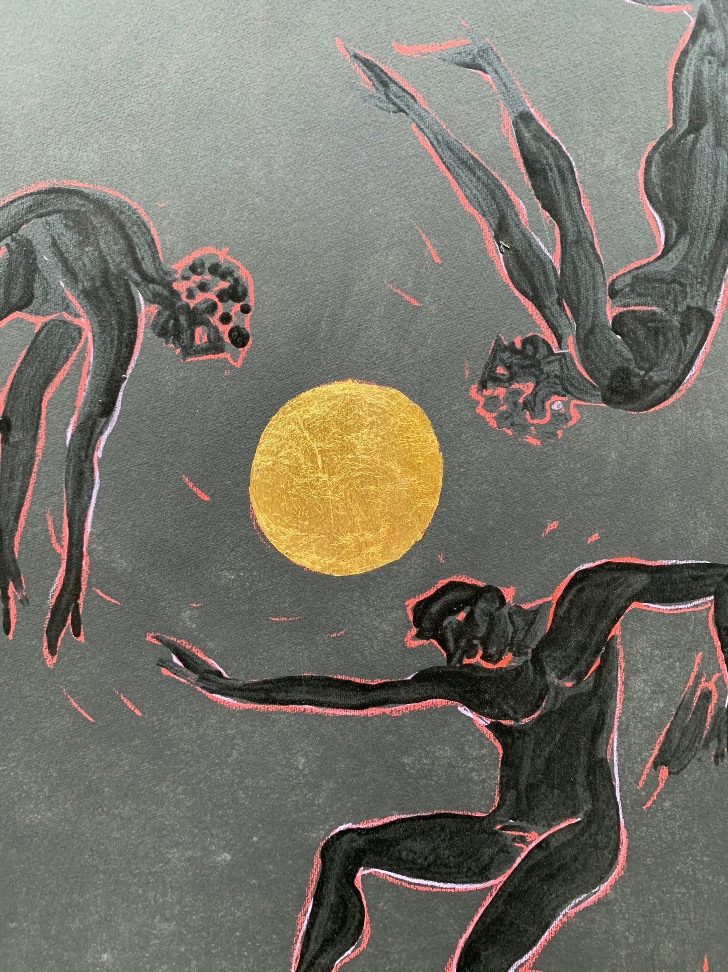 Dionysian. Three Male Figures Dancing Around a Golden Sun by Marco Silombria