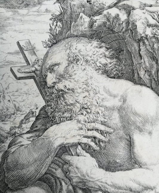Engraving Saint Jerome Penitent with Skull and Crucifix, Oliviero Gatti, 1602, Italian Old Master print.