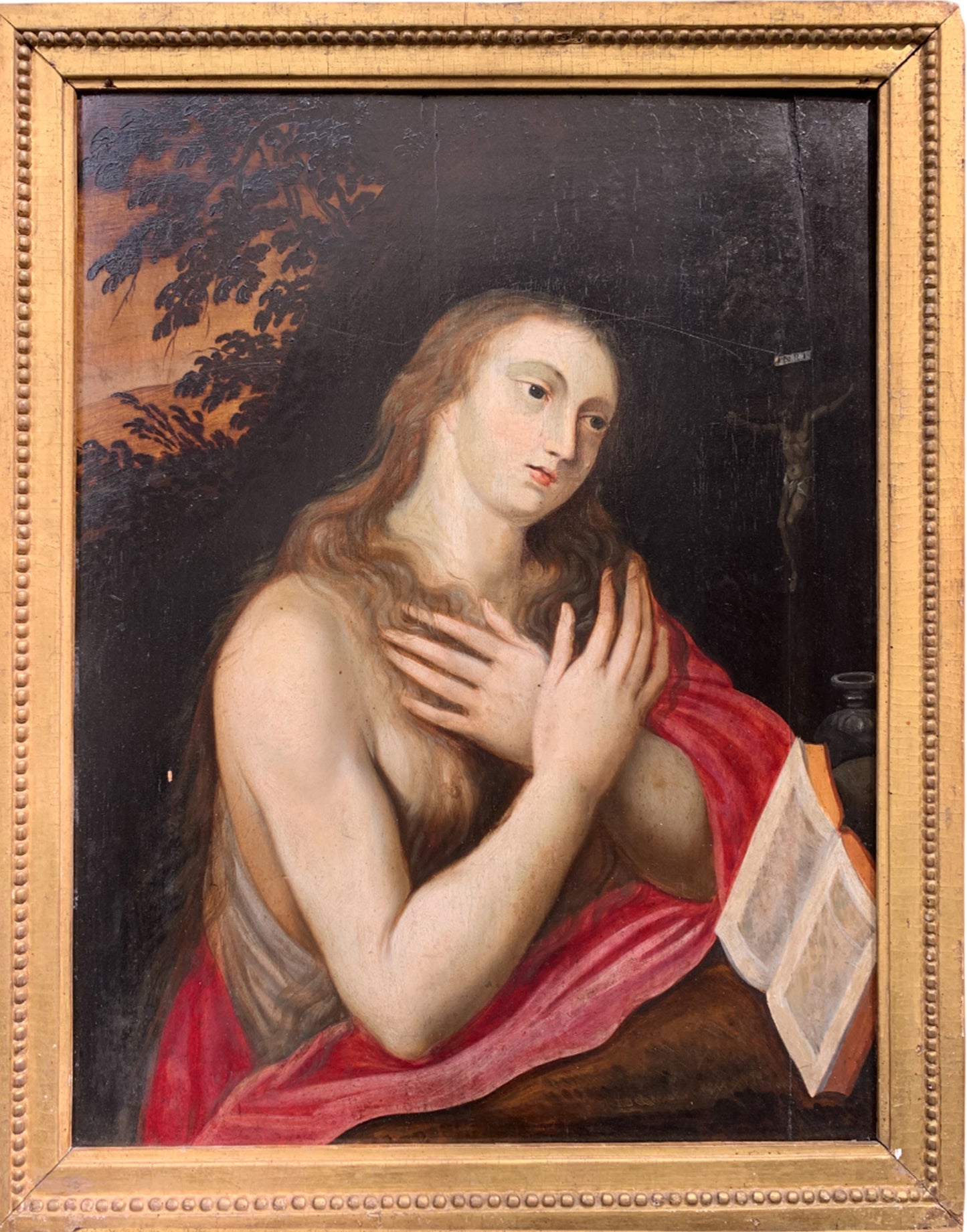Penitent Mary Magdalene on oak panel with atelier drawings and paper collage on the reverse. Flemish or Dutch school, 17th century