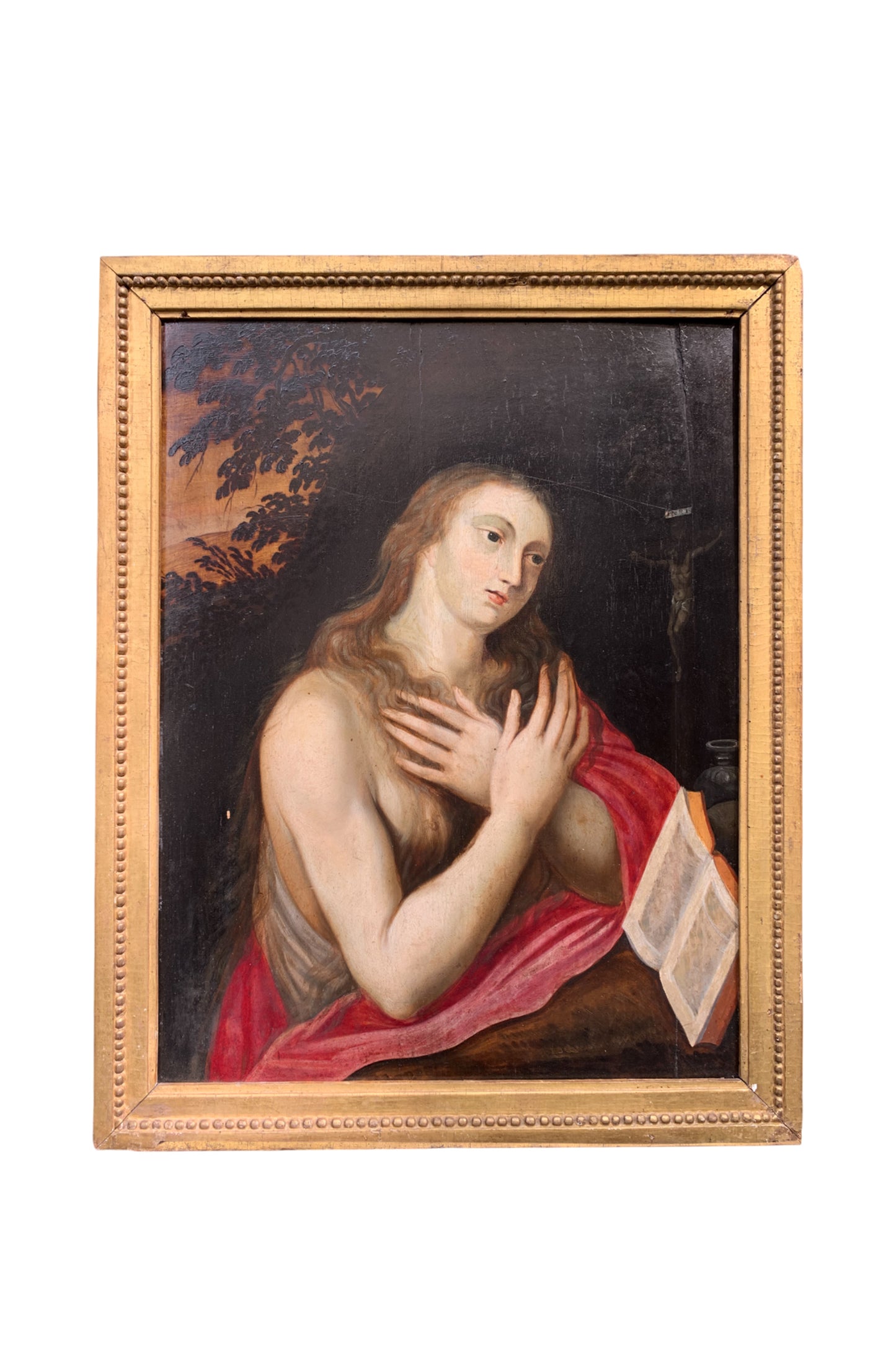 Penitent Mary Magdalene on oak panel with atelier drawings and paper collage on the reverse. Flemish or Dutch school, 17th century