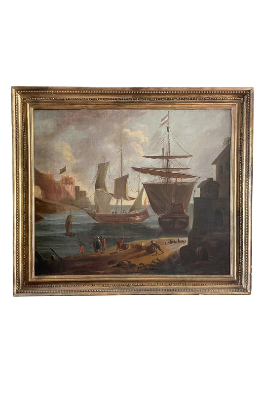 Large Marine painting with Ships in the port.  1690-1720 circa. Cm 110x 118
