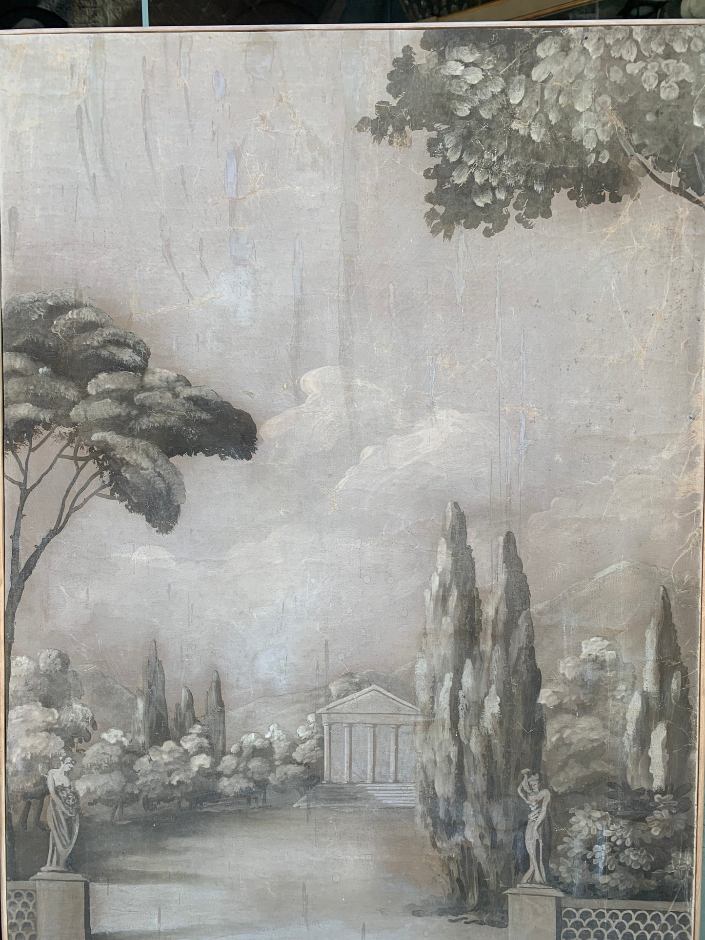 Monochrome painting with classical temple and cypresses. Late 18th century.