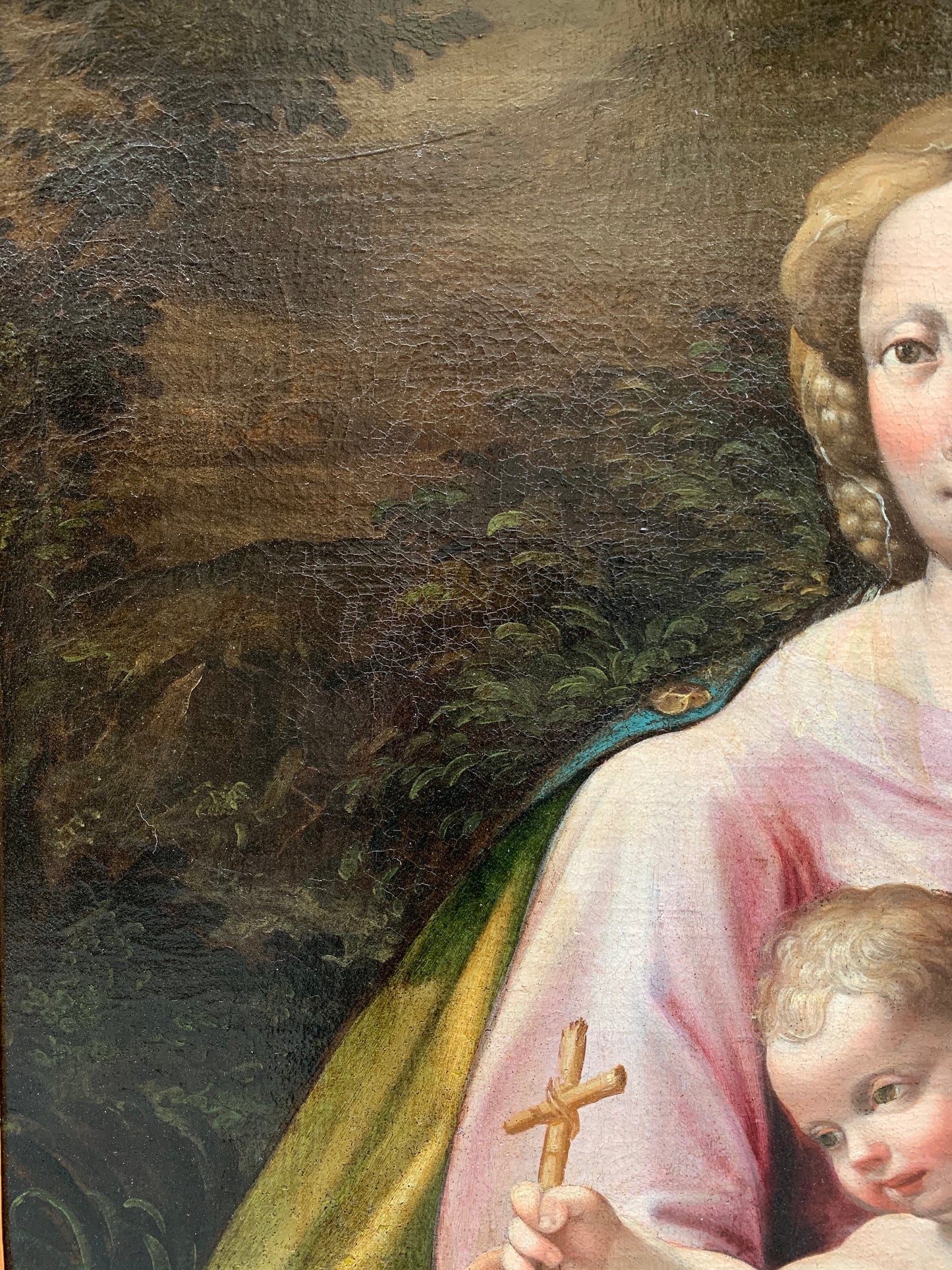 Late XVI century Madonna with child and St. John Baptist. Aemilian school.