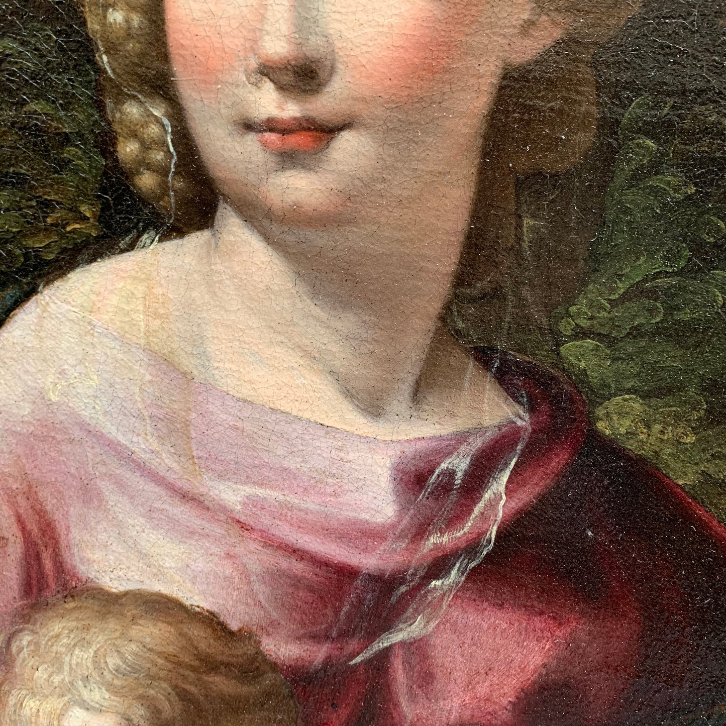 Late XVI century Madonna with child and St. John Baptist. Aemilian school.