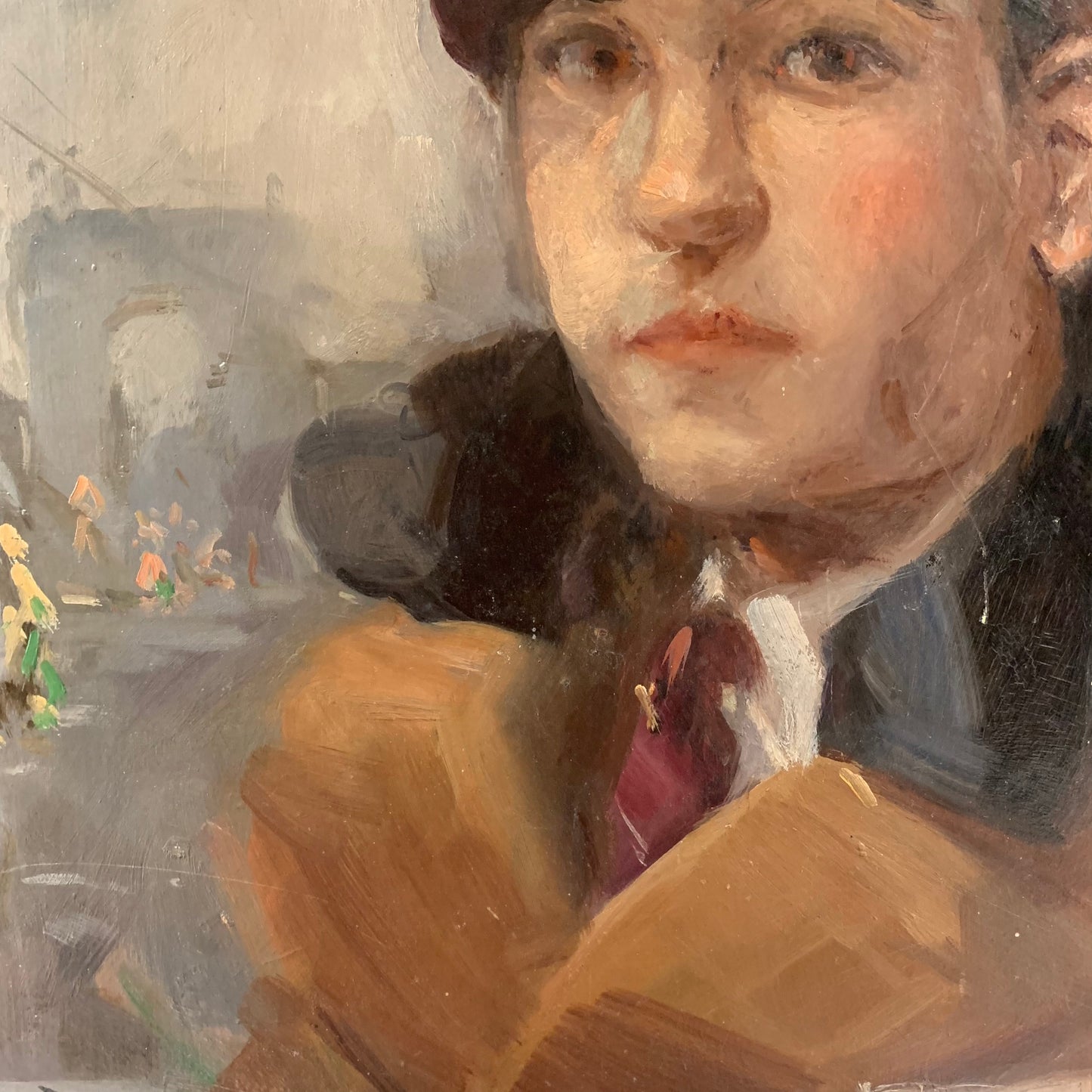 Young man portrait with Paris cityscape. Circa 1930.