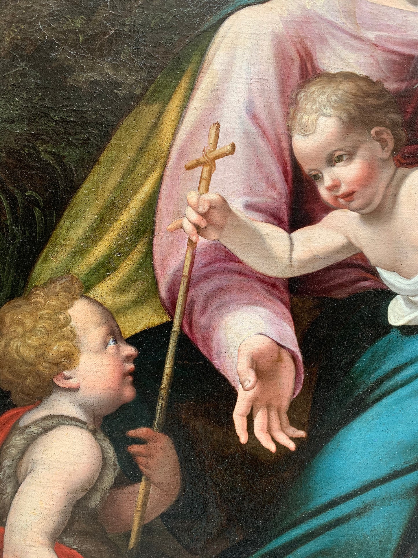 Late XVI century Madonna with child and St. John Baptist. Aemilian school.