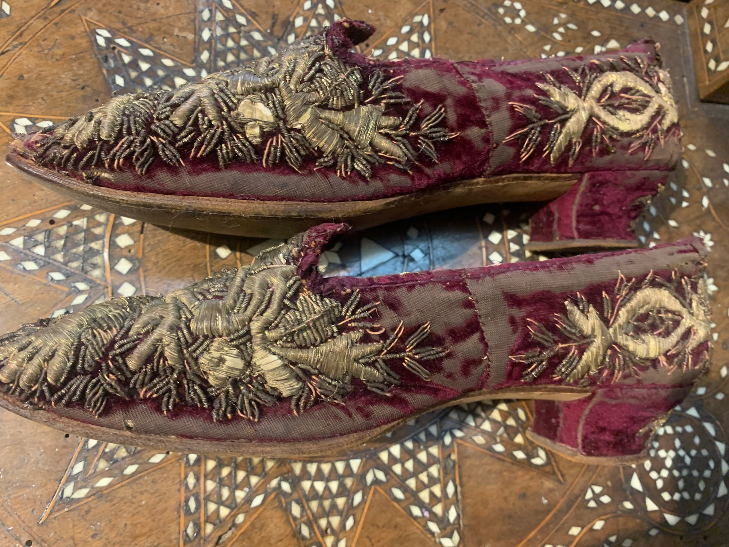 Ottoman empire slippers with gold thread padded embroidery. XIX century.