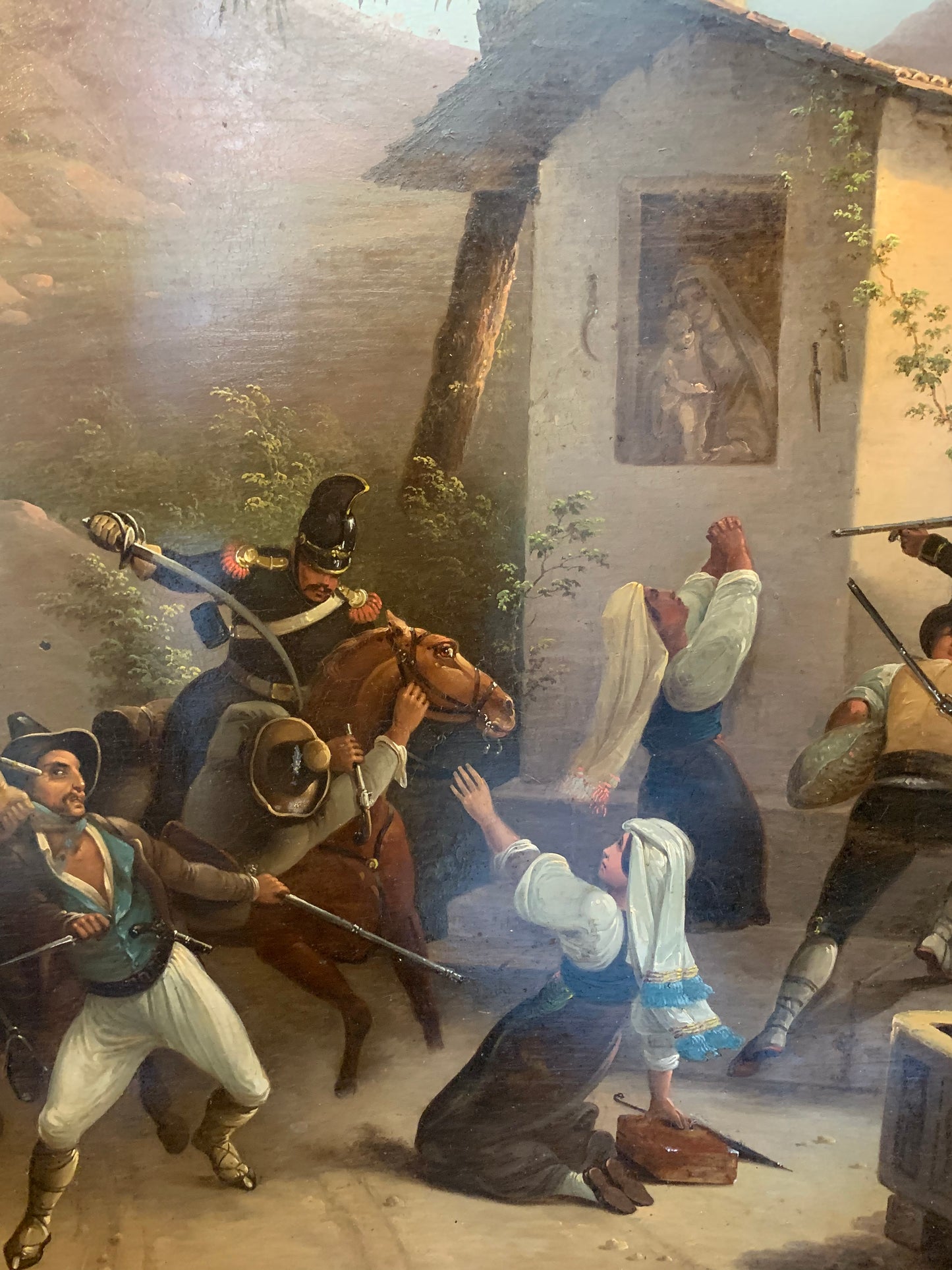 Combat of Papal dragoons with brigands in a roman countryside. XIX century