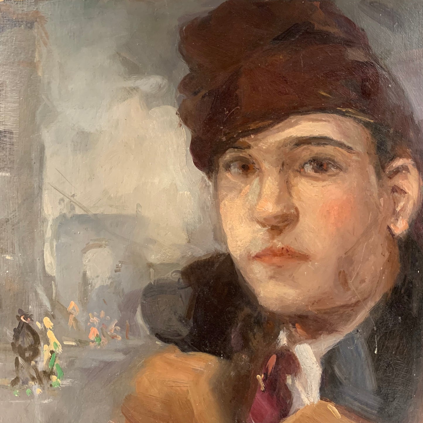 Young man portrait with Paris cityscape. Circa 1930.