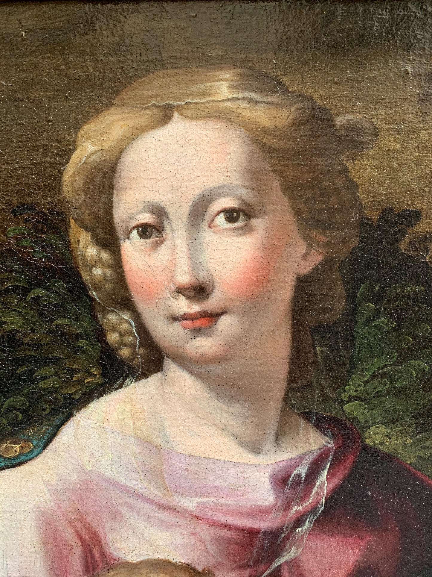 Late XVI century Madonna with child and St. John Baptist. Aemilian school.