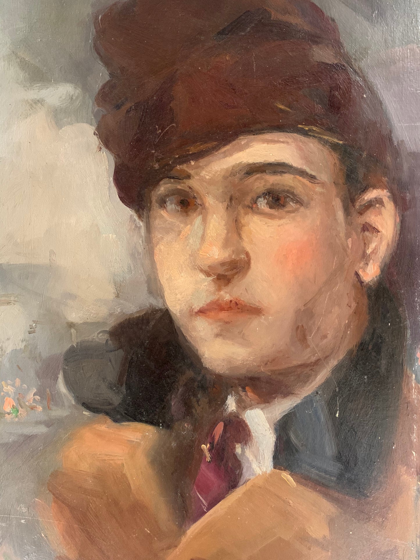 Young man portrait with Paris cityscape. Circa 1930.