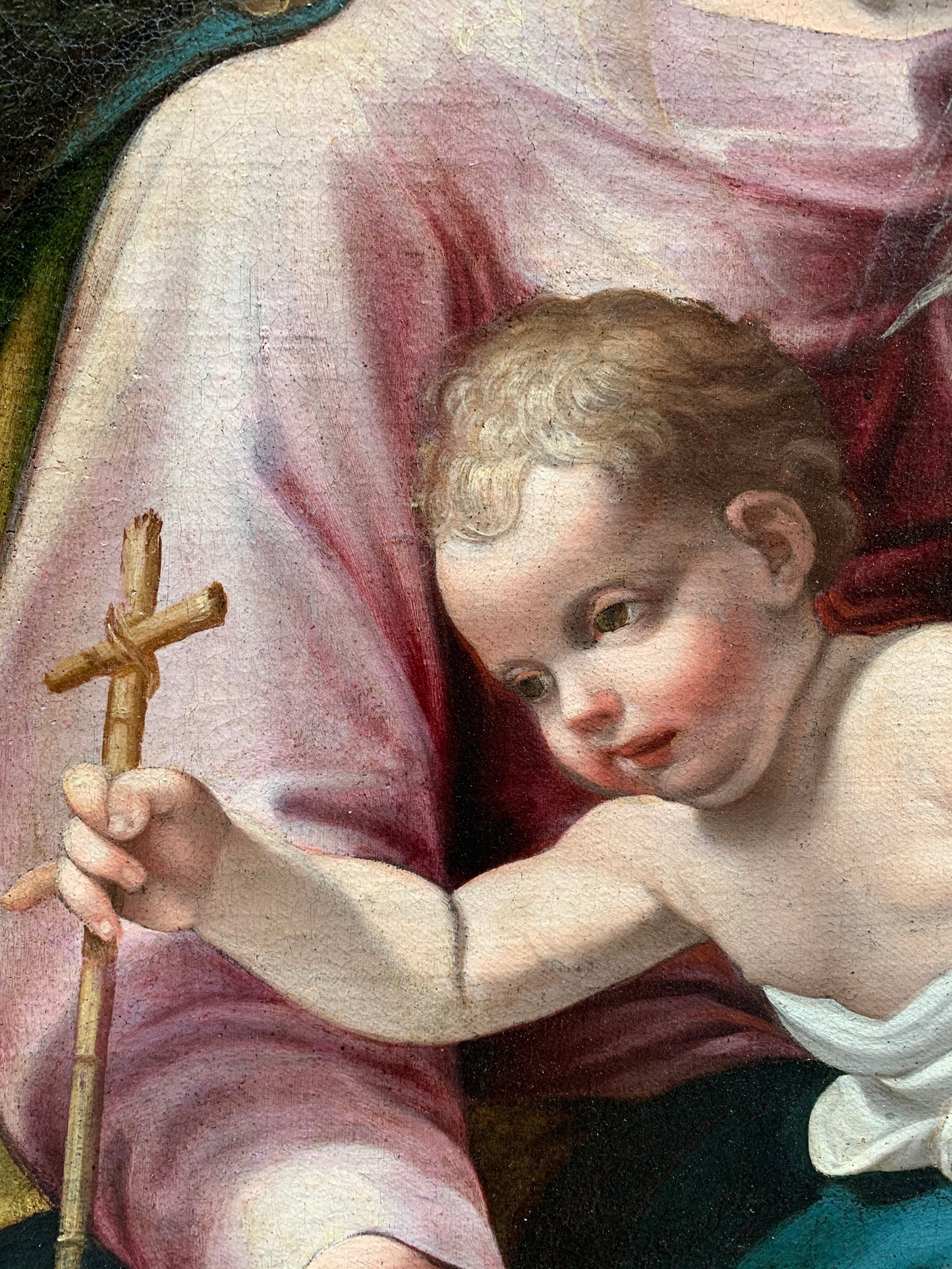 Late XVI century Madonna with child and St. John Baptist. Aemilian school.