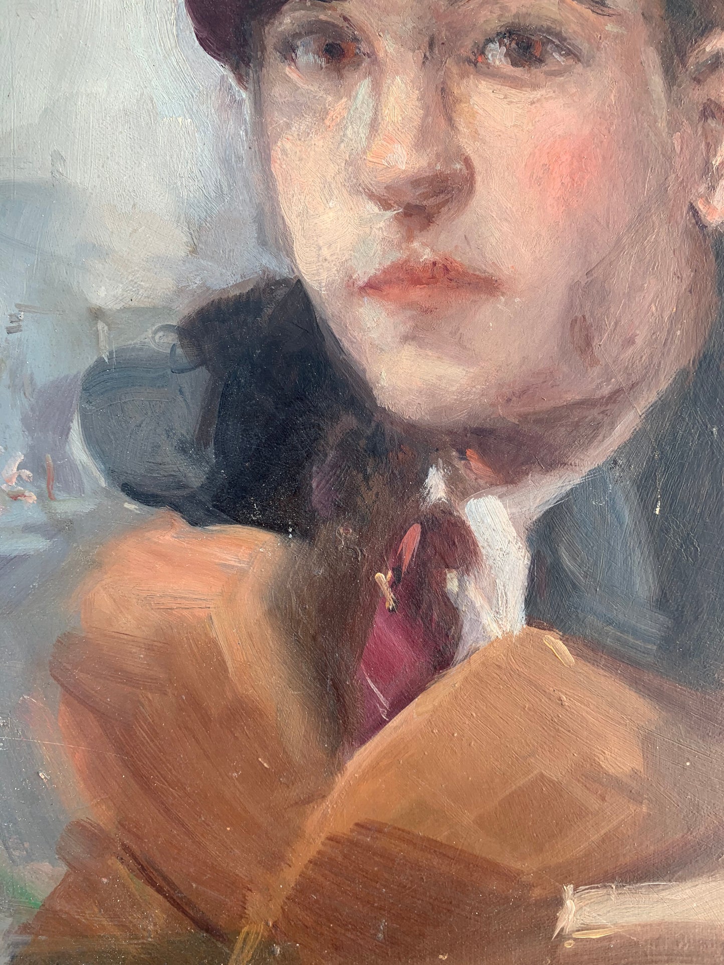 Young man portrait with Paris cityscape. Circa 1930.