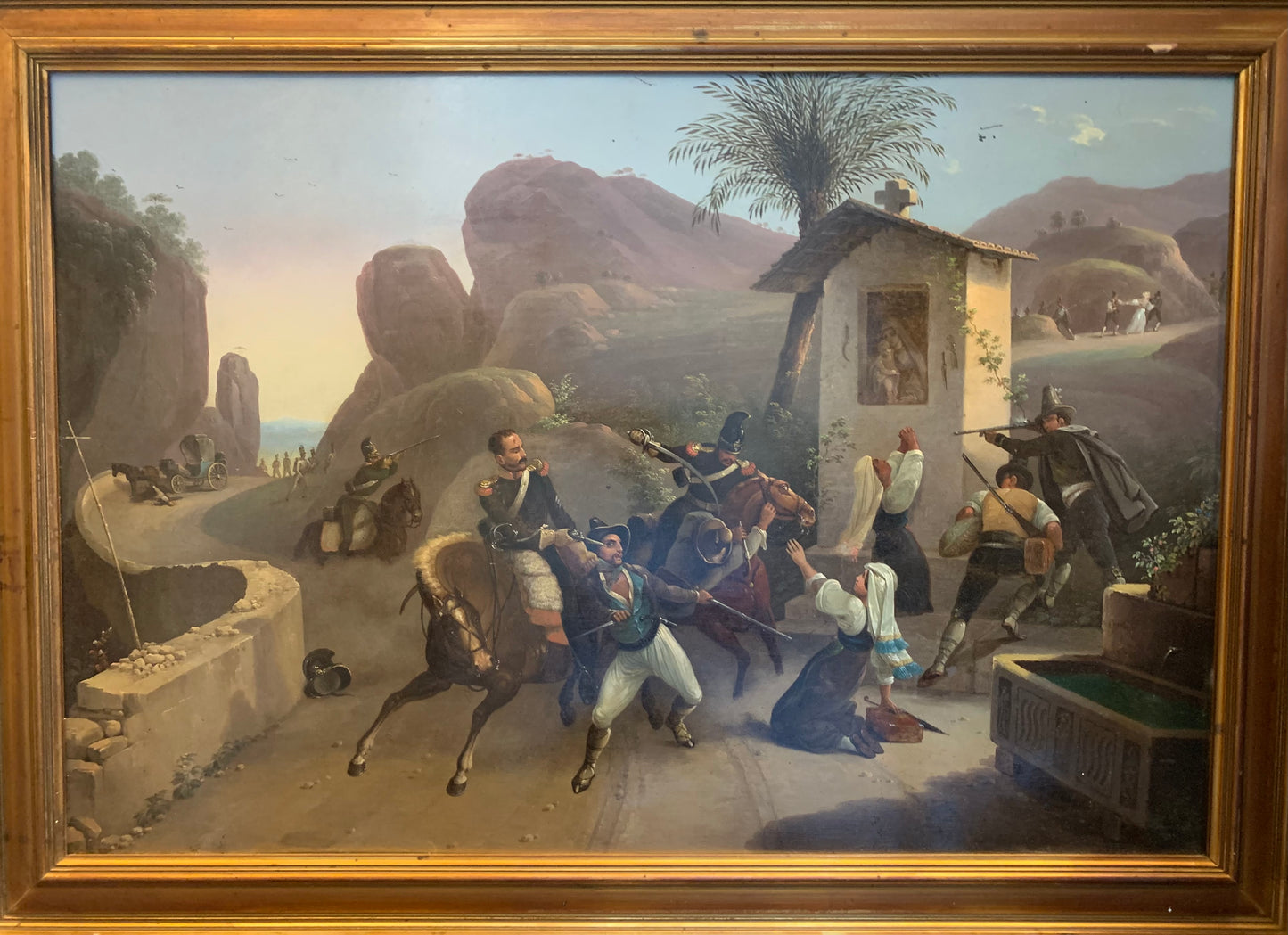 Combat of Papal dragoons with brigands in a roman countryside. XIX century