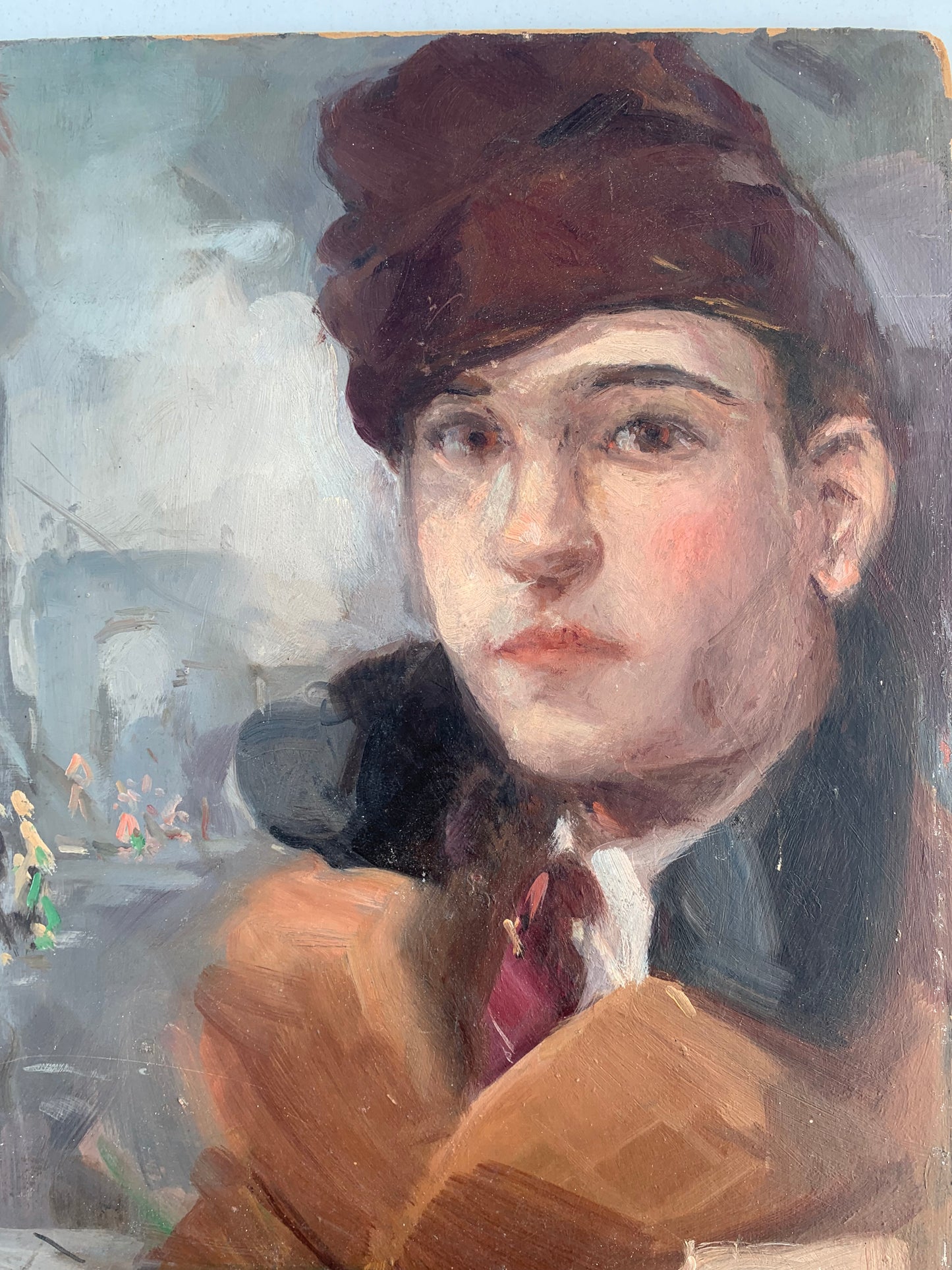 Young man portrait with Paris cityscape. Circa 1930.