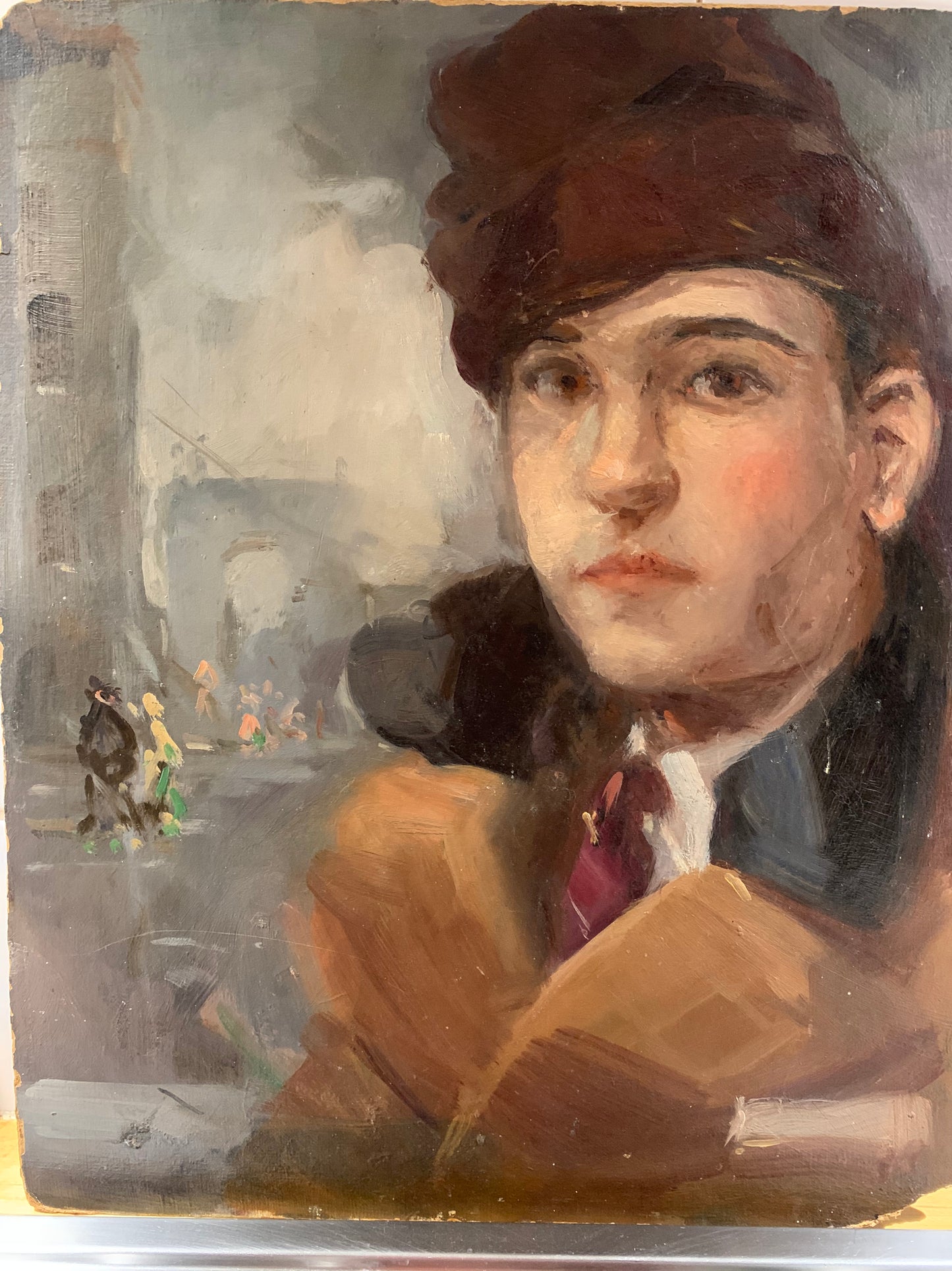 Young man portrait with Paris cityscape. Circa 1930.