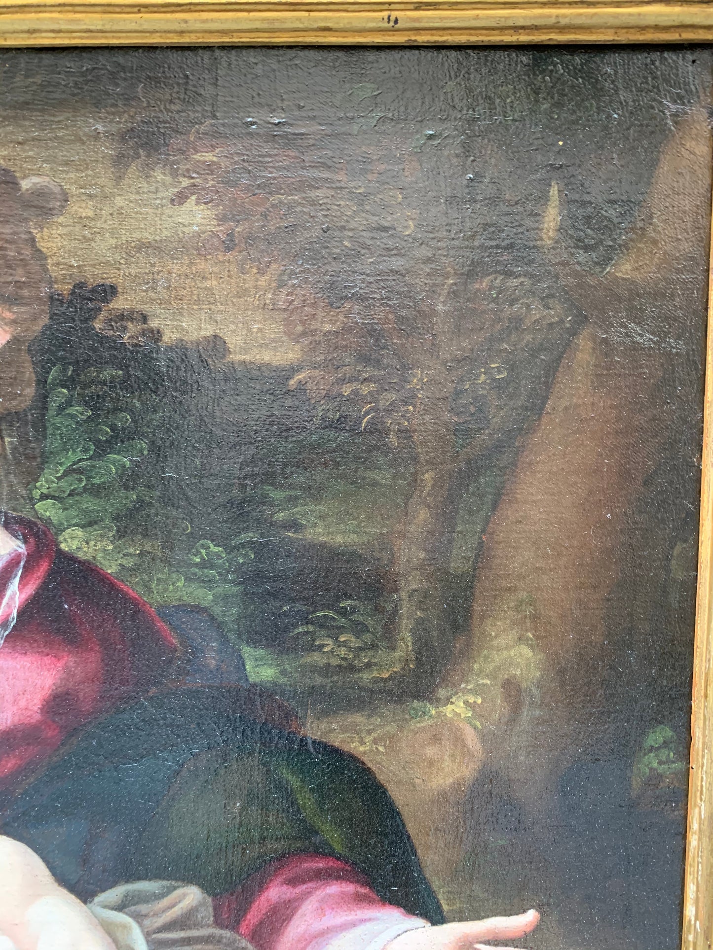 Late XVI century Madonna with child and St. John Baptist. Aemilian school.