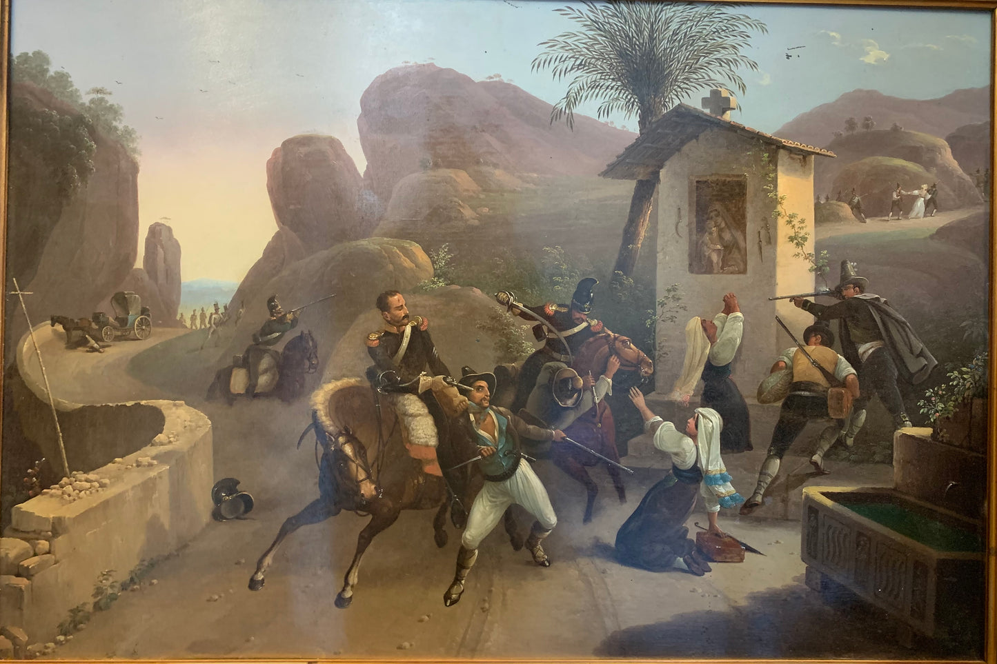 Combat of Papal dragoons with brigands in a roman countryside. XIX century