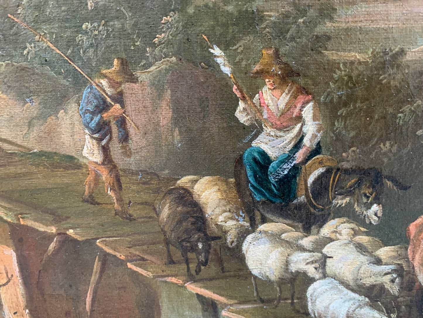 XVIII century. Pastoral landscape with shepherds, bridge and rocky lanscape.