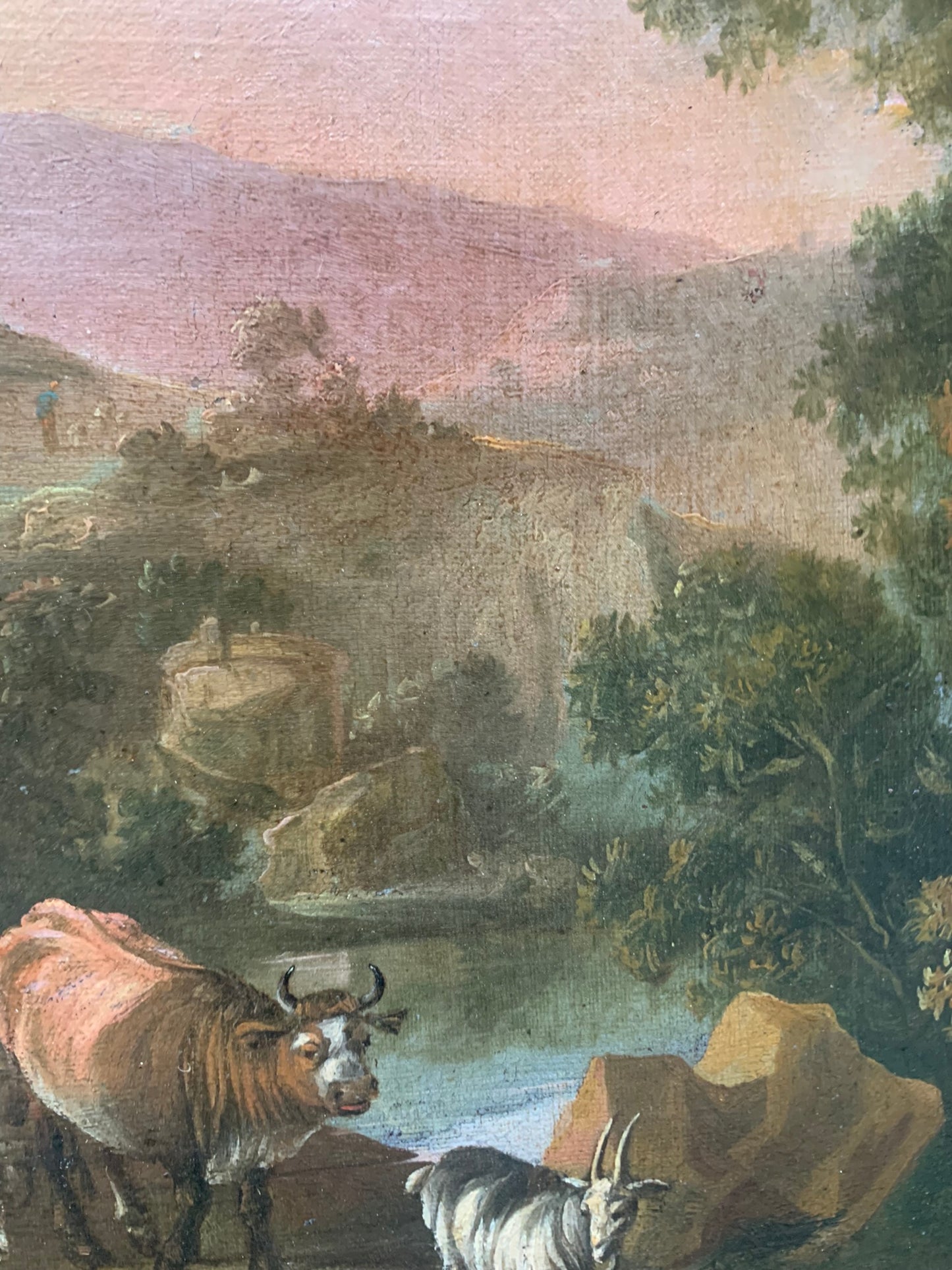 XVIII century. Pastoral landscape with shepherds, bridge and rocky lanscape.