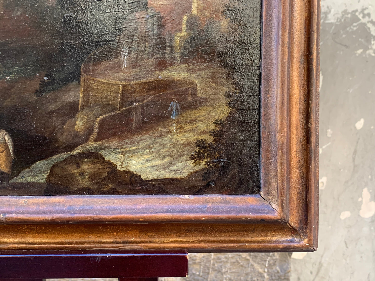 Paesaggio roccioso con barche, uomini e cavalli. XVII secolo. Pittore del manors Europa attivo in Italia