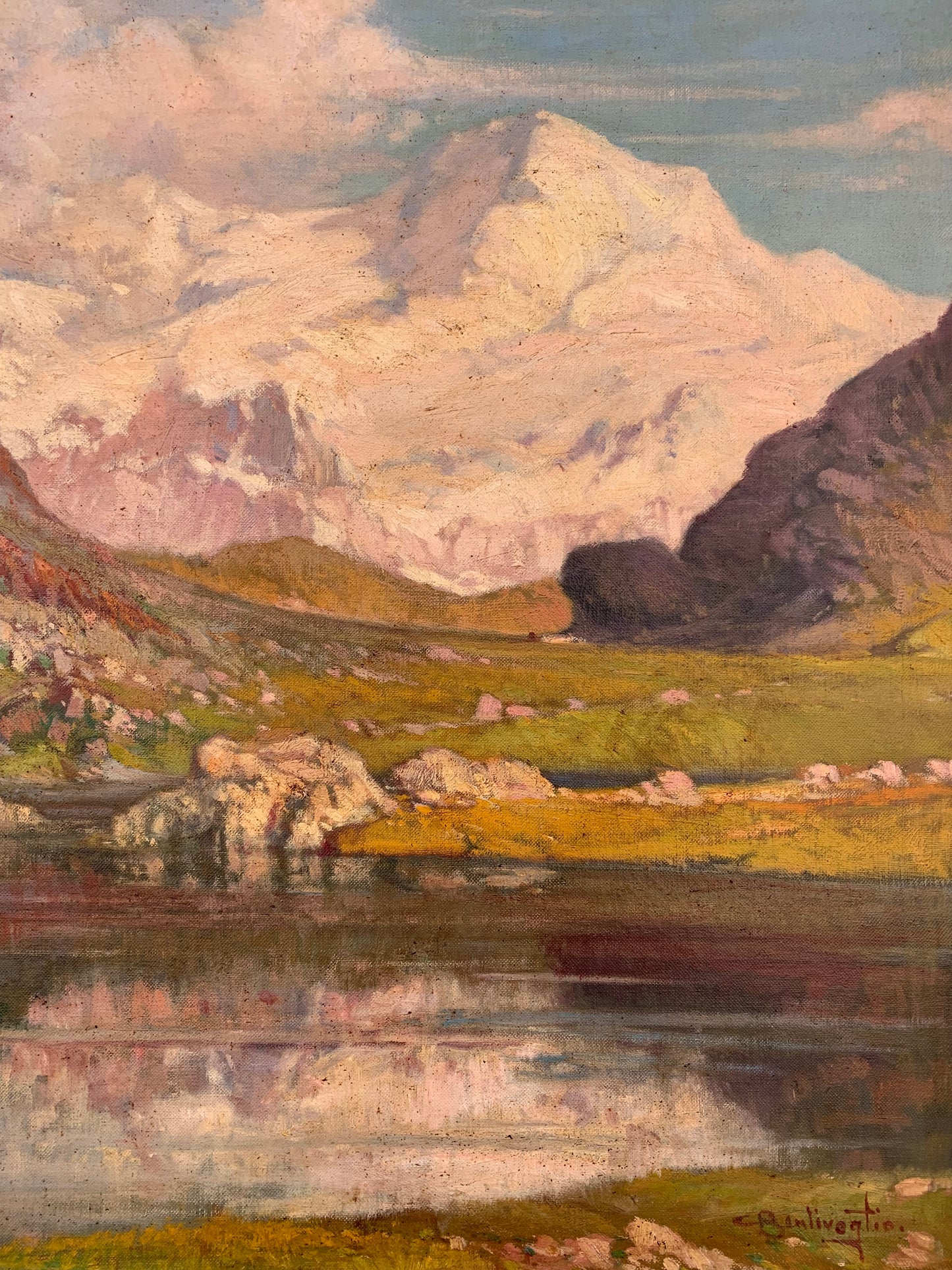 Ligurian Alps landscape with snow-capped peaks tinted by pink light. By Cesare Bentivoglio (Genoa,1868-1952)