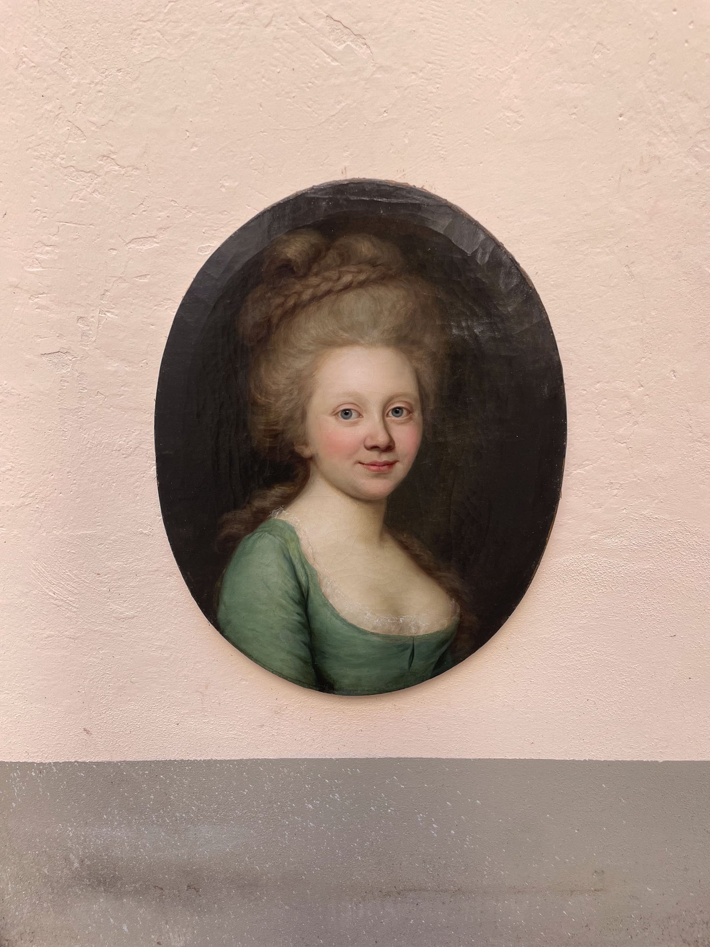 Darbes, Joseph Friedrich August. Oval Portrait of Woman in a Green dress. Signed and dated 1781. Rossika