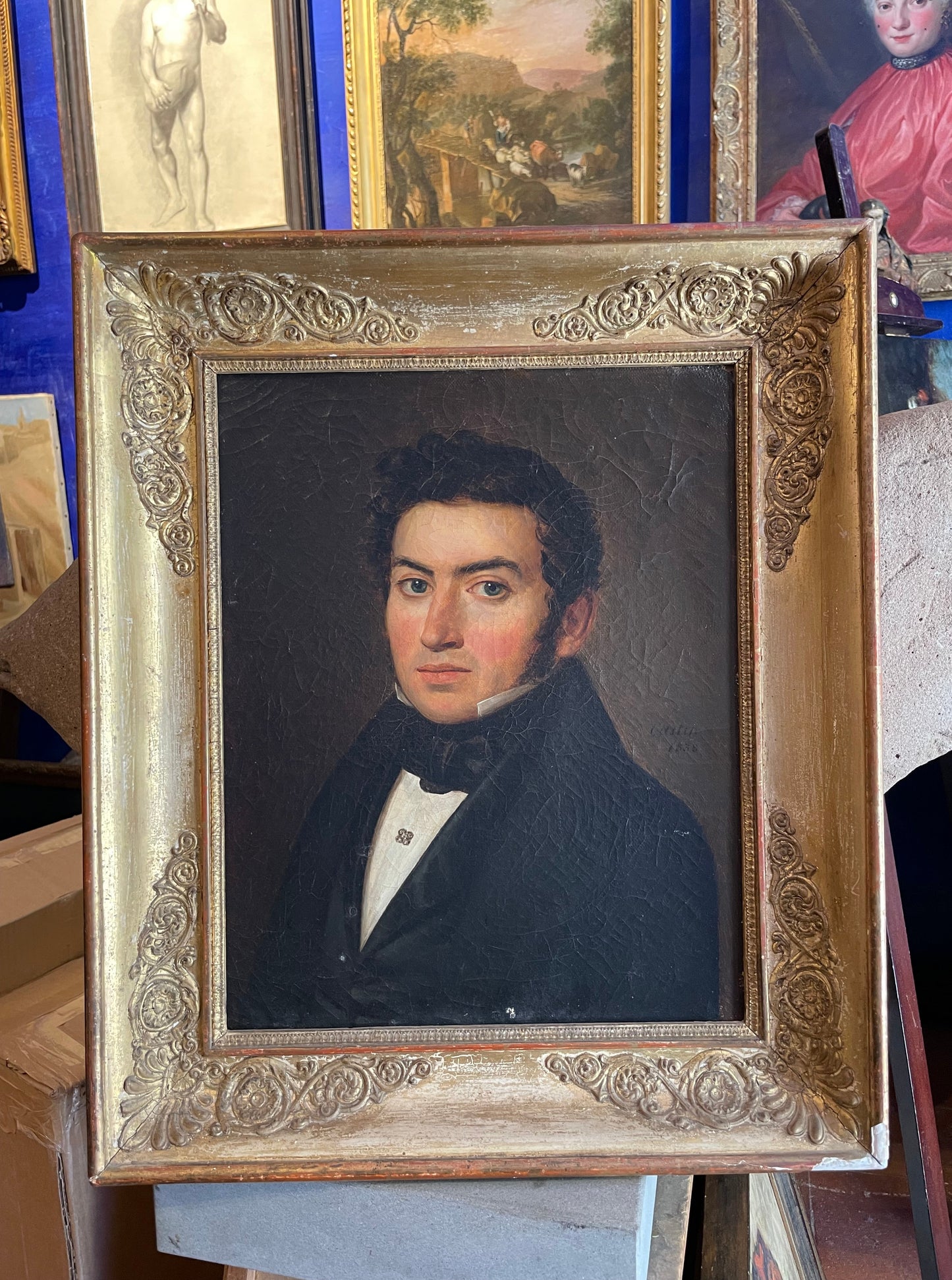 Ritratto d'uomo – Olio su tela firmato "Castin" e datato 1838, in cornice d'epoca