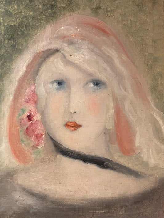 Seguace di Marie Laurencin, ritratto femminile con rosa, olio su tela, ca. 1929, 34,5 x 40,5 cm