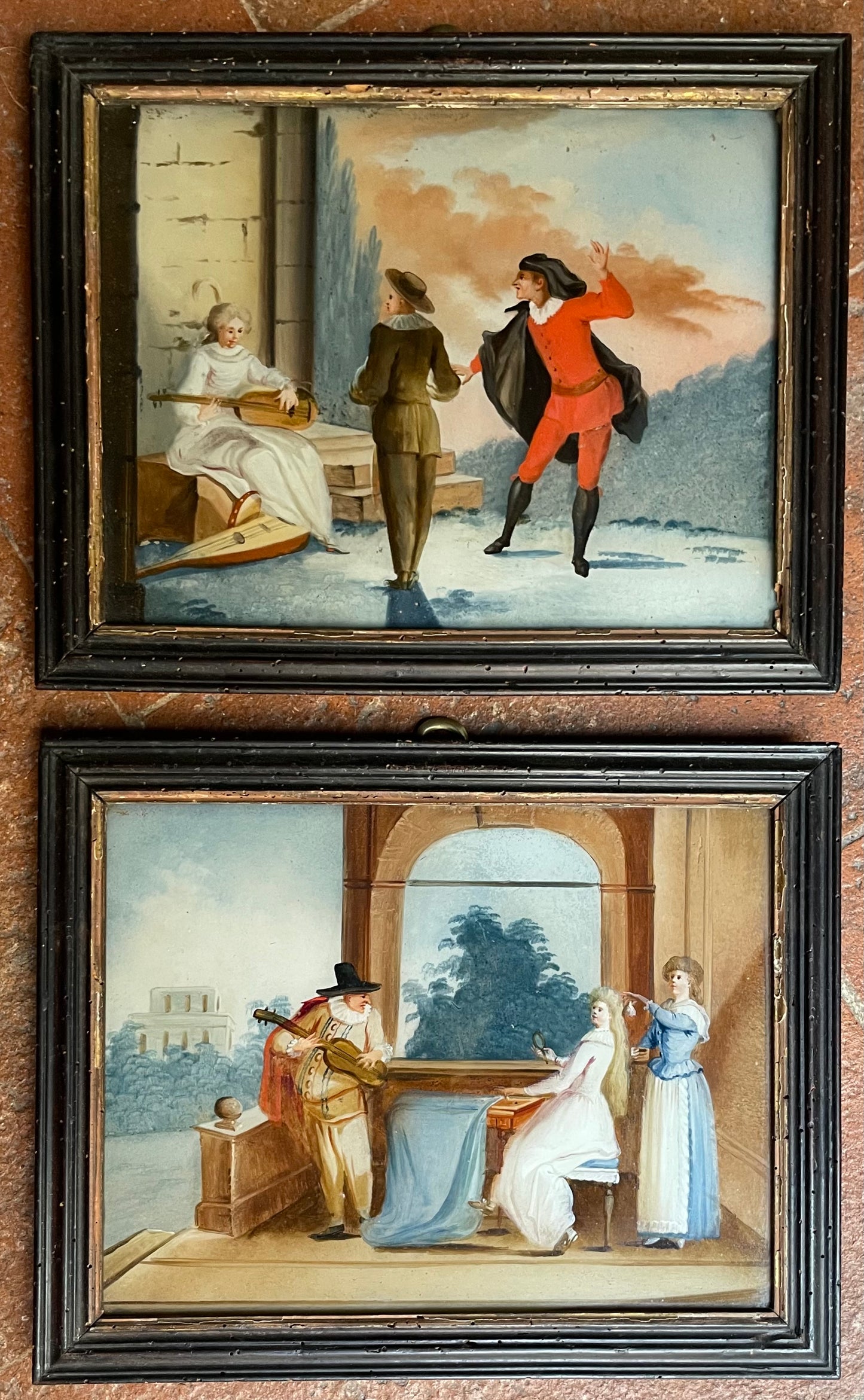 Dipinti sottovetro con scene galanti e musicali nel gusto di Pietro Longhi. Venezia (?) XVIII secolo