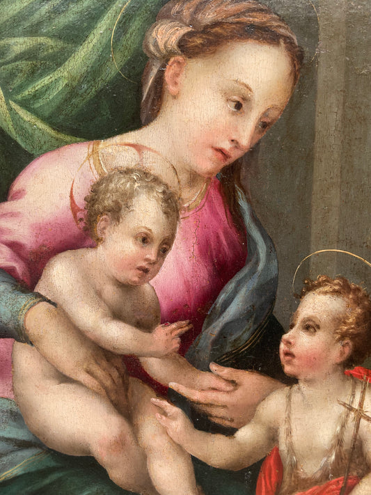 XVI century Tuscan School Madonna and Child with Saint John the Baptist. Maestro di Volterra.