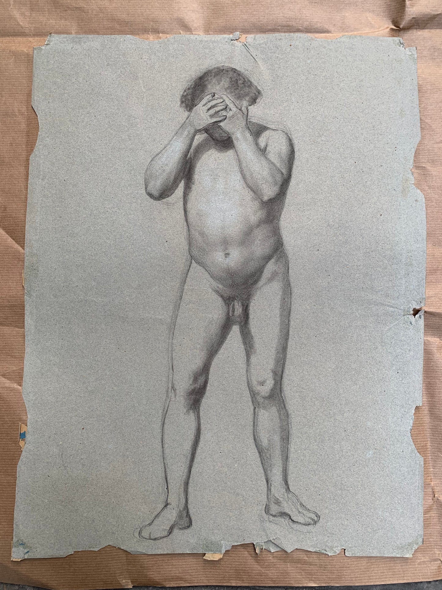 Preparatory anatomical study for the figure of a man with hands on his face.