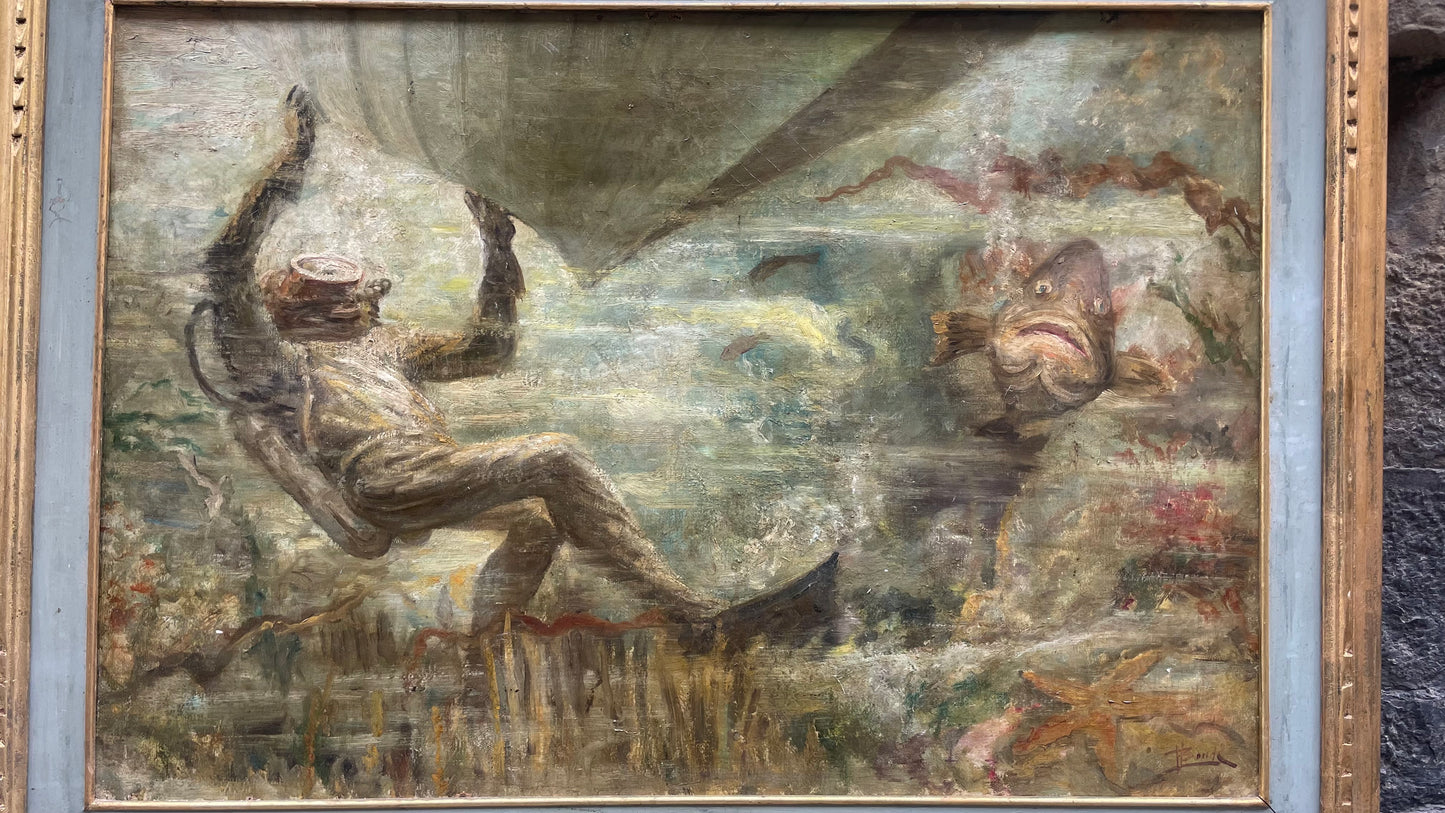 Subacqueo con cernia sotto una barca - Metà del XX secolo. Cm 99 x 74