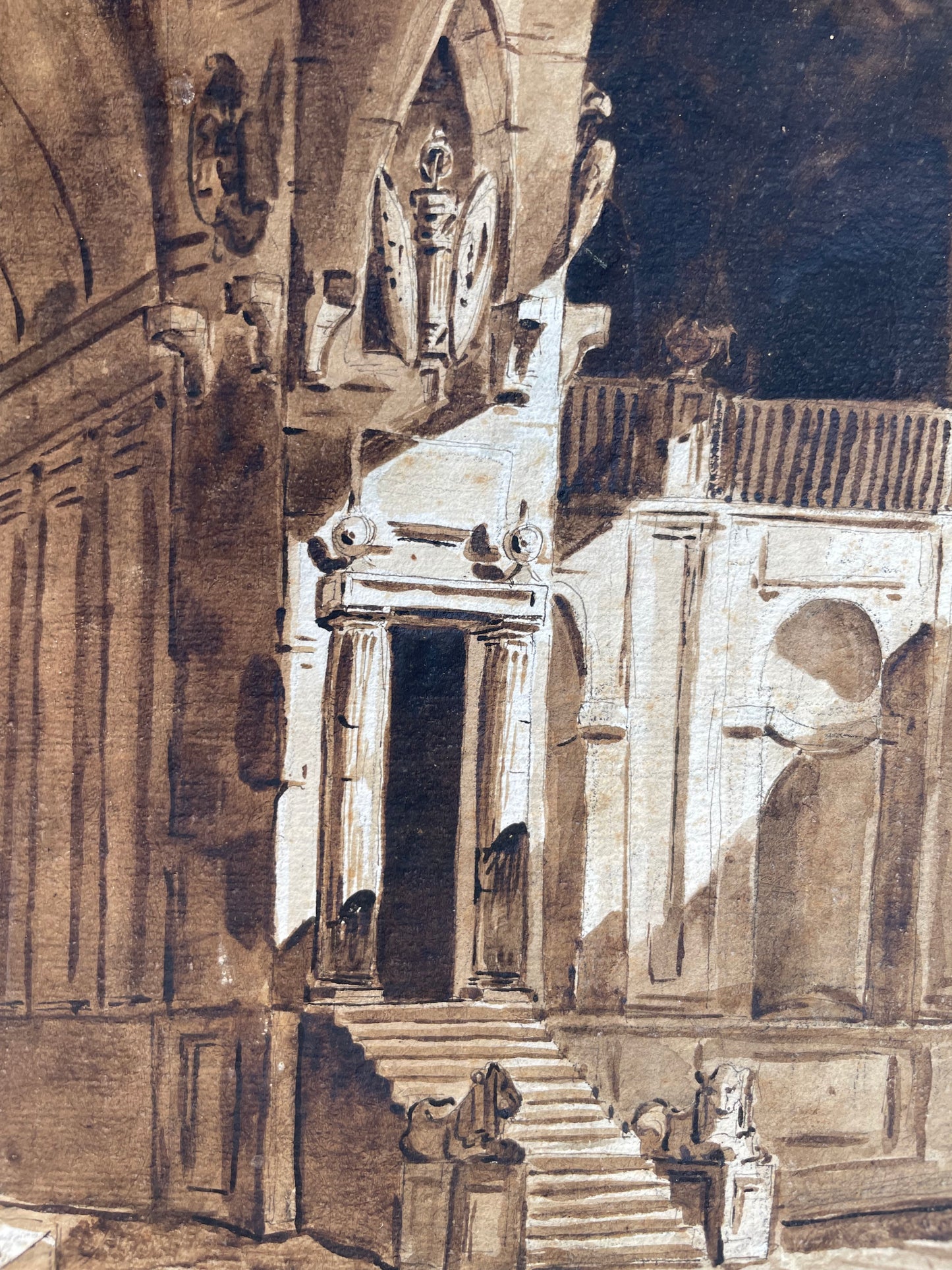Scenografia architettonica con monumento a trofei, moro prigioniero e leoni. Amb. Fontanesi