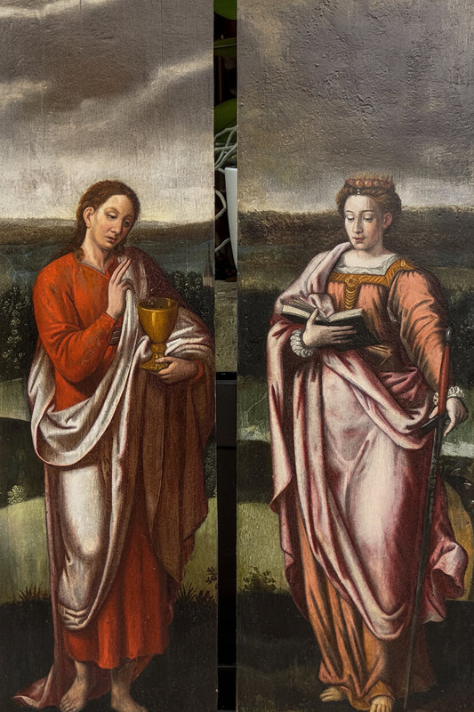 Santa Caterina e San Giovanni, due ante di polittico, scuola fiamminga, XVI secolo