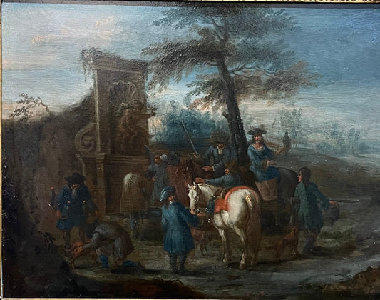 Andreas Martin (Bruxelles 1699 – 1763)
Sosta di falconeria presso una fontana, firmato
Olio su di rame con spartito musicale sul retro.
