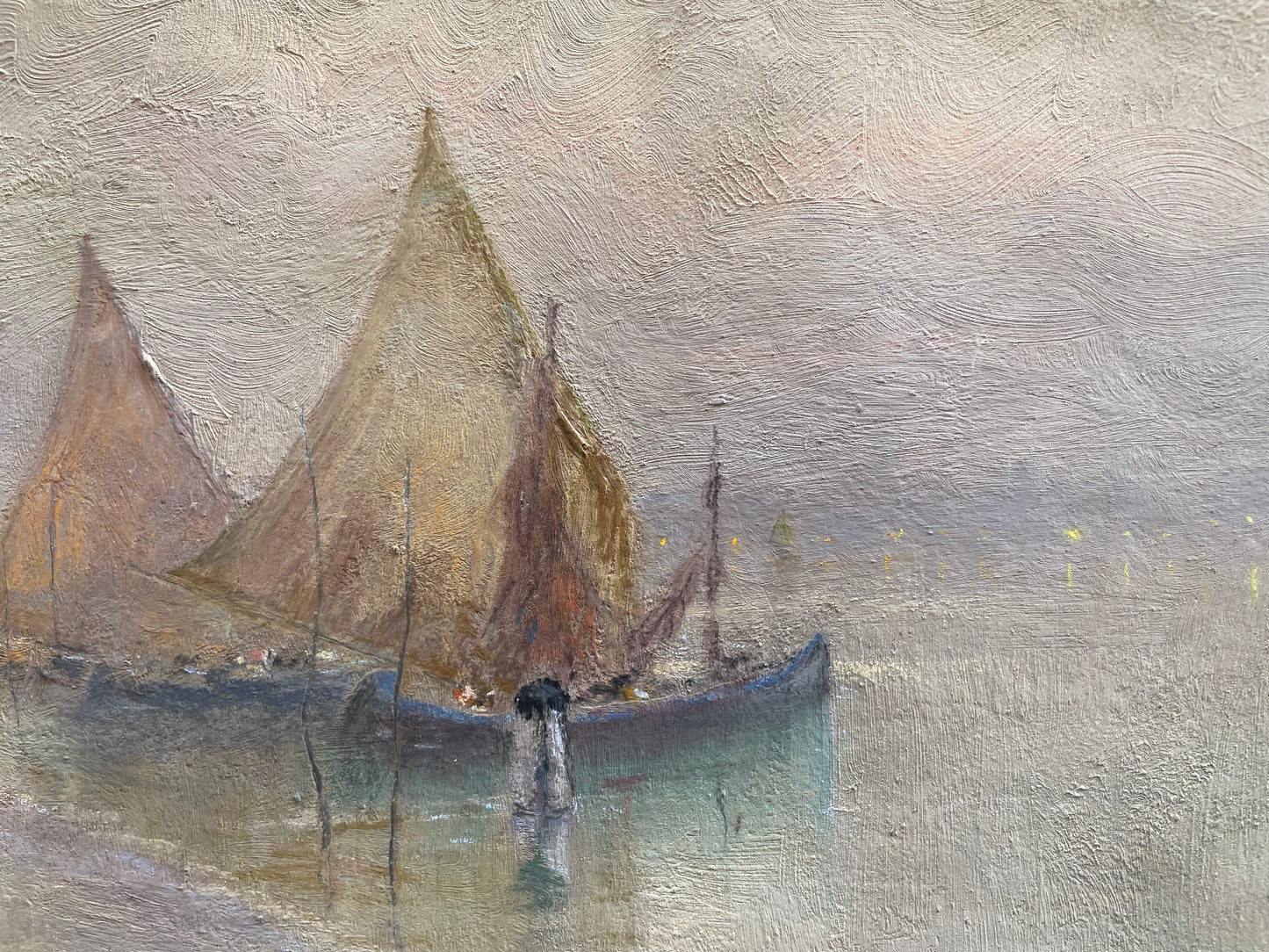 Nicola Fabbricatore (Naples 1888 – Rome 1962). View of boats in Venice at dawn