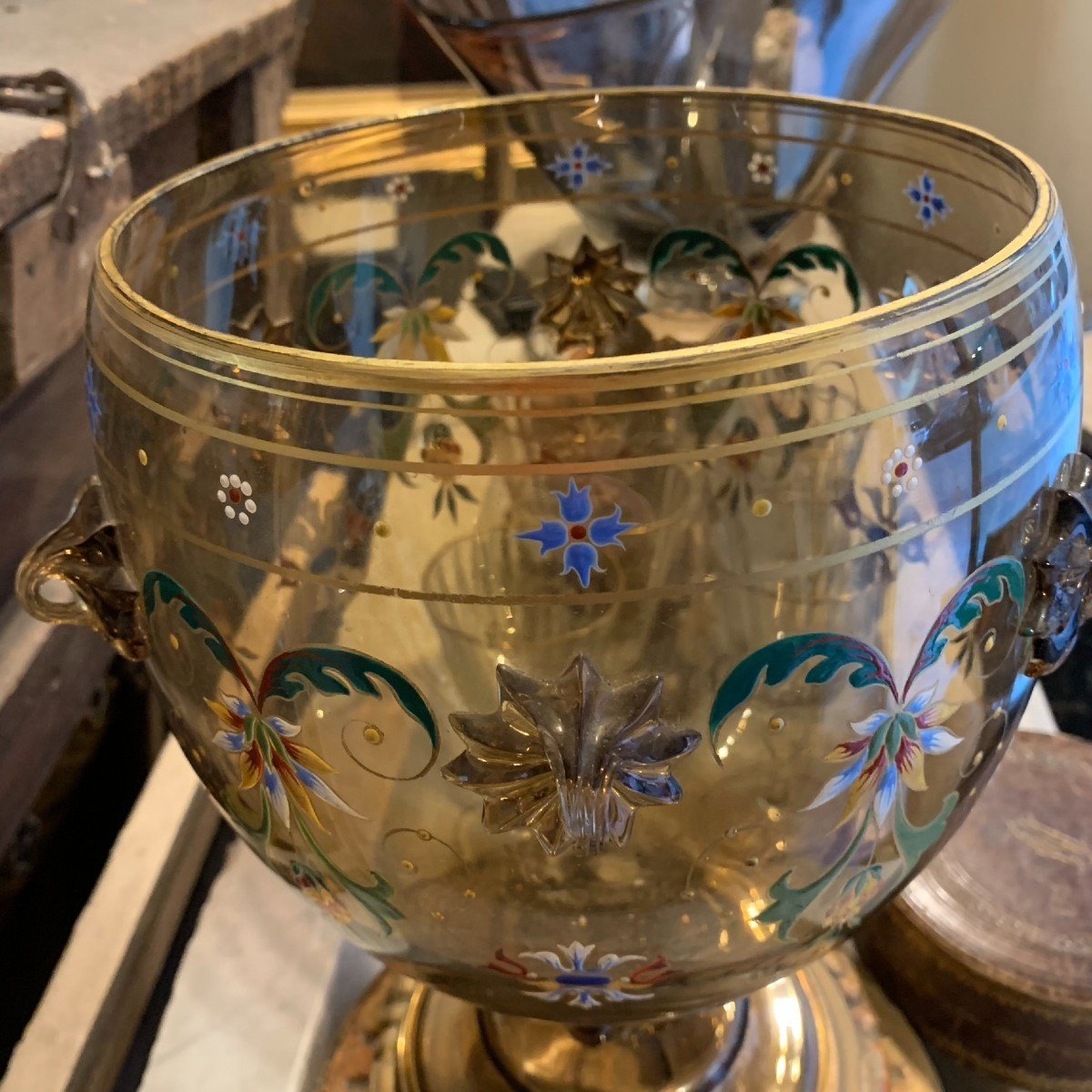 Large Goblet - Glass Vessel Painted With Enamels. Late 19th Century