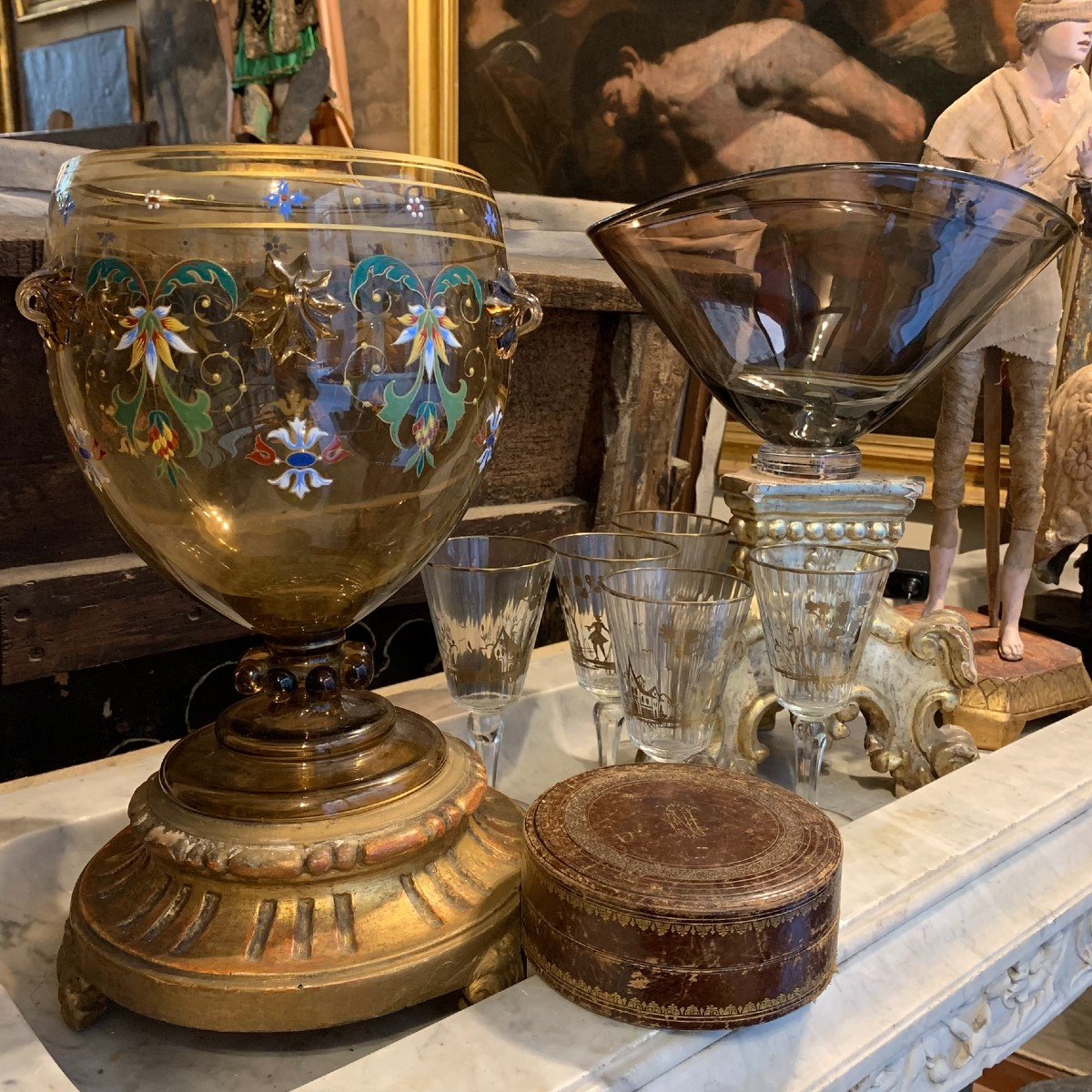 Large Goblet - Glass Vessel Painted With Enamels. Late 19th Century