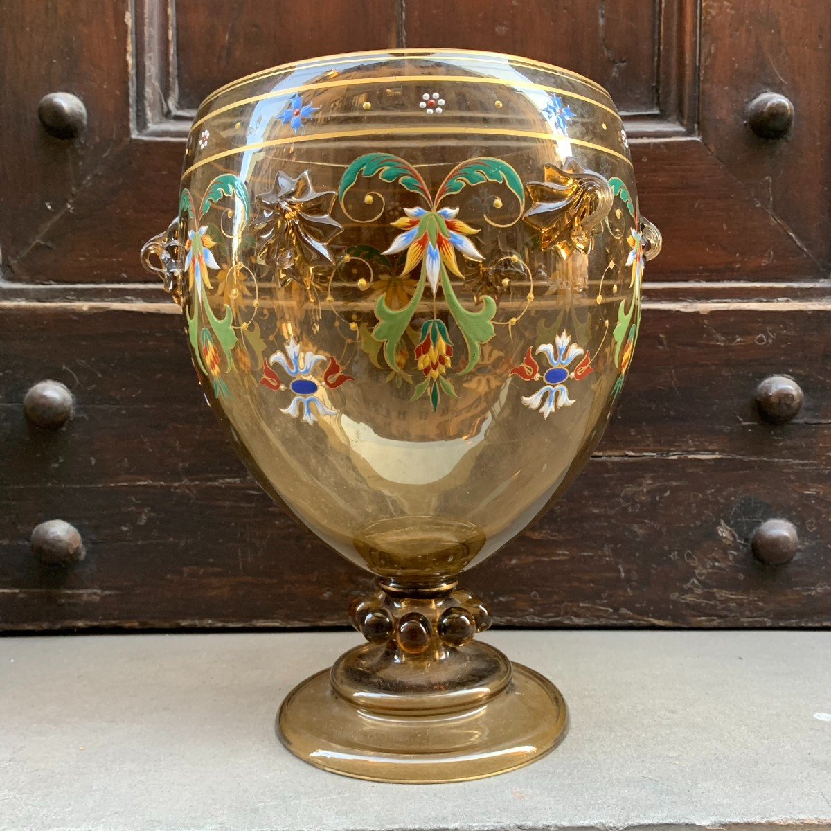 Large Goblet - Glass Vessel Painted With Enamels. Late 19th Century