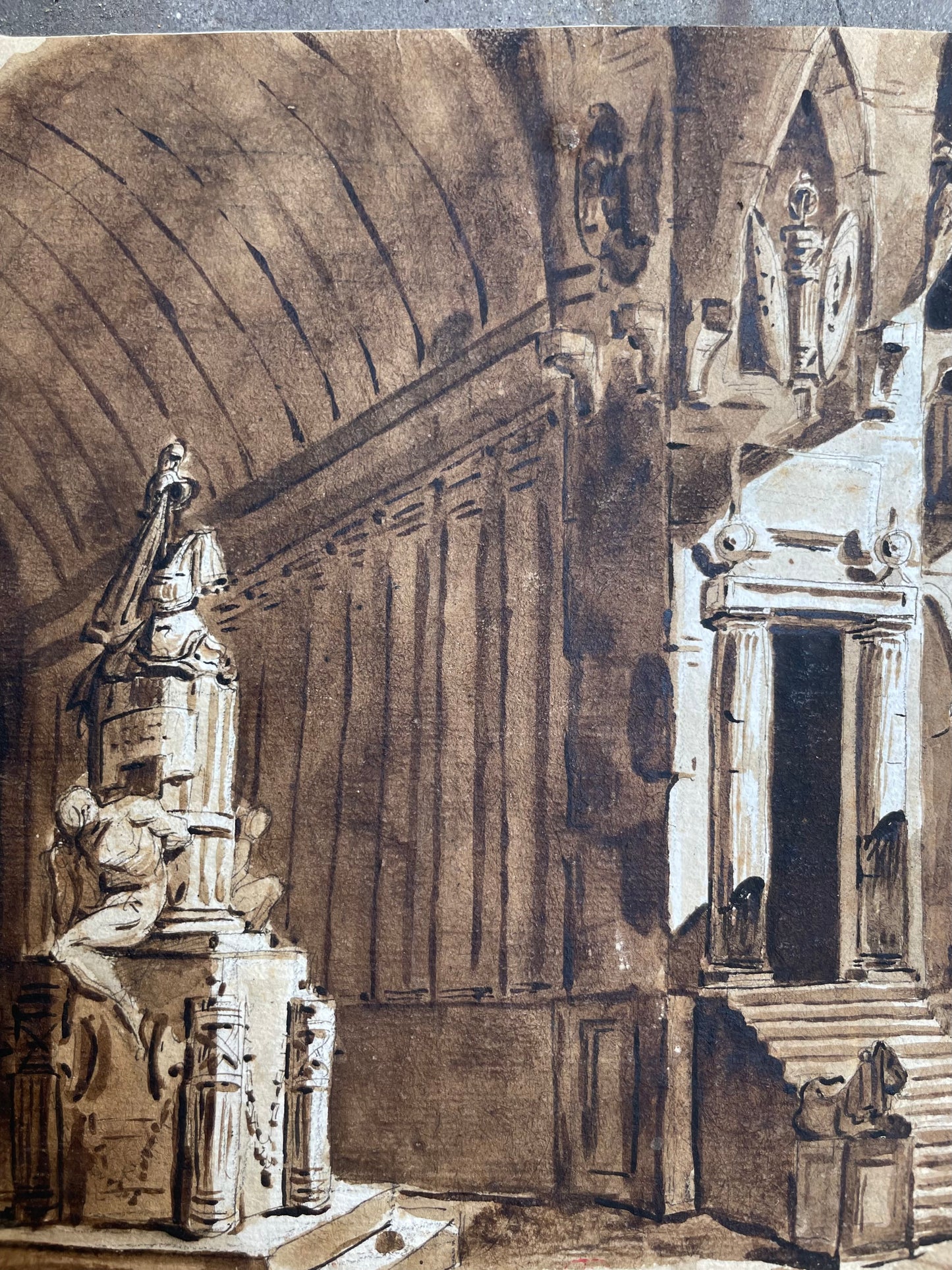 Scenografia architettonica con monumento a trofei, moro prigioniero e leoni. Amb. Fontanesi
