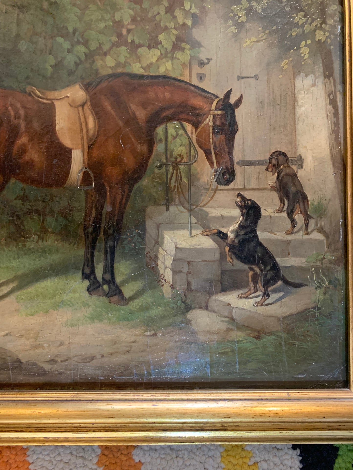 Courtyard Scene with Horse and Two Dachshunds. Anno 1870