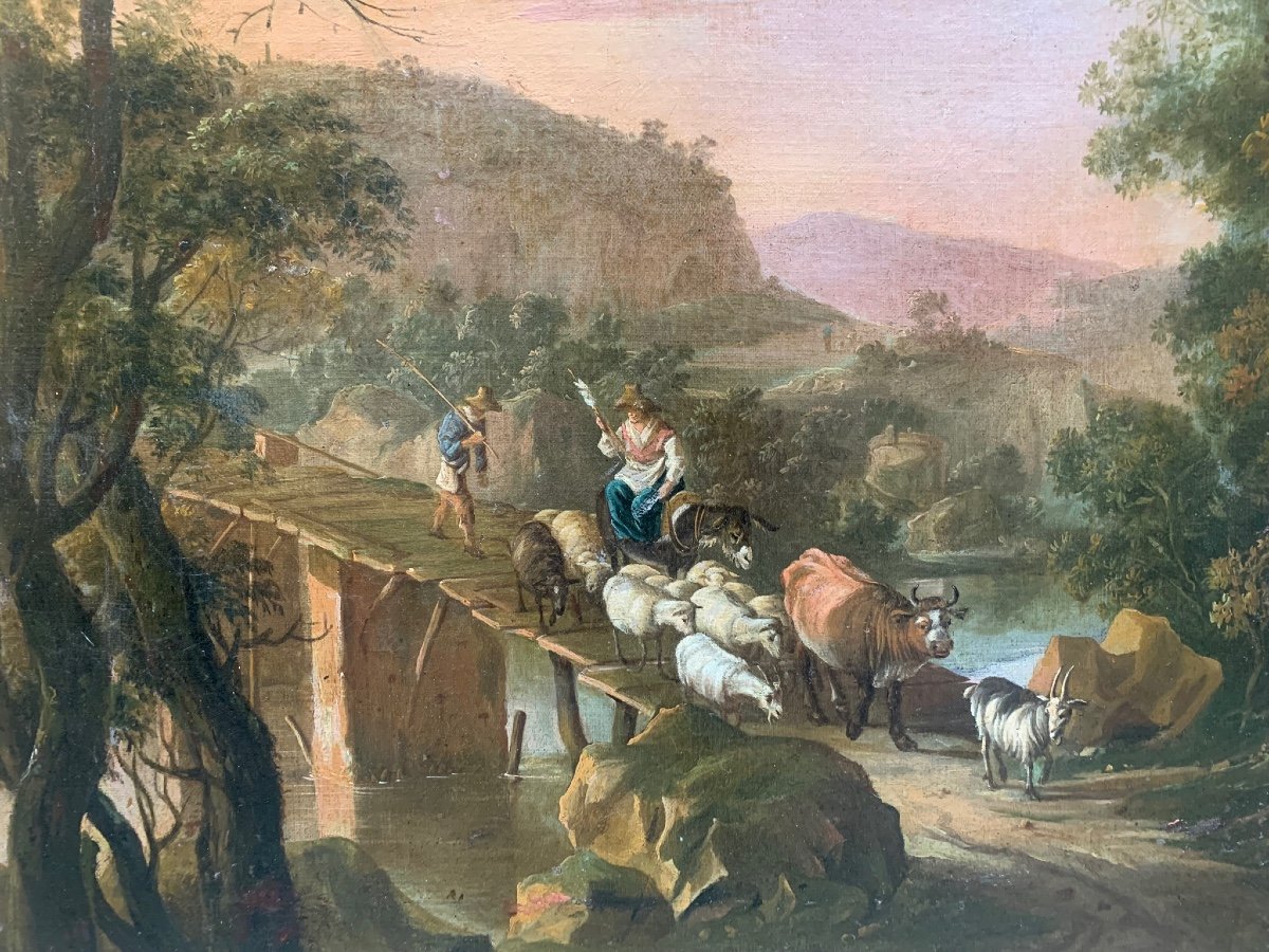 Italianate Landscape With A Bridge, A Shepherd. Entourage Of Jan Both (utrecht, 1618-1652)