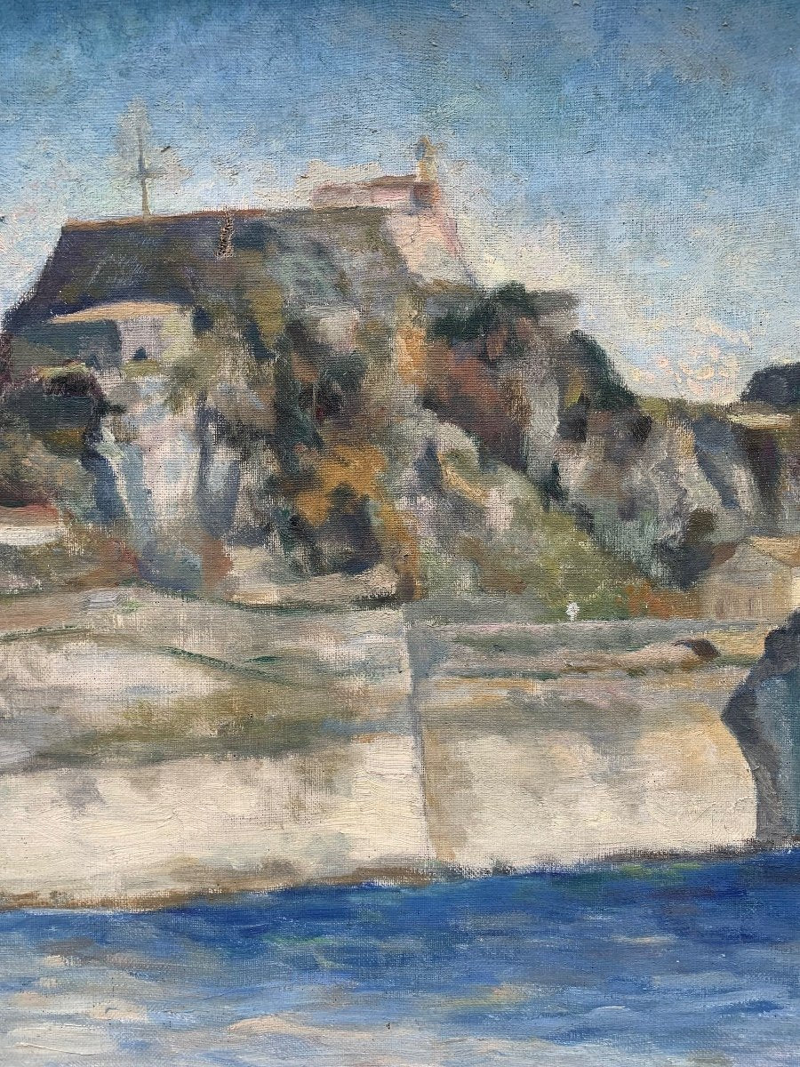 Venetian Fortress On The Greek Island Of Corfu. Signed Tin Florias (1897-1969, Greek)