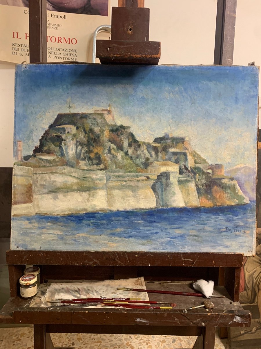 Venetian Fortress On The Greek Island Of Corfu. Signed Tin Florias (1897-1969, Greek)