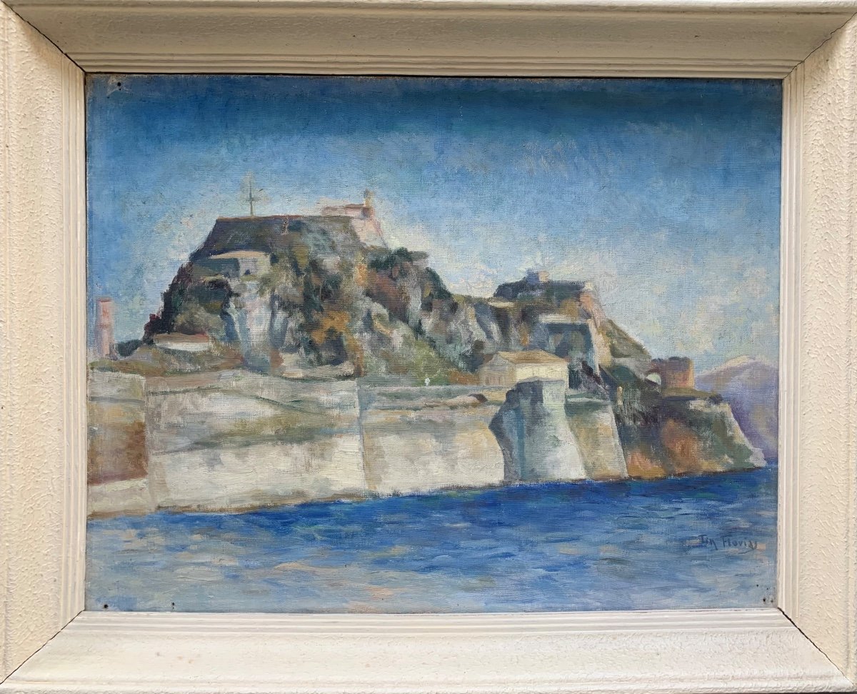 Venetian Fortress On The Greek Island Of Corfu. Signed Tin Florias (1897-1969, Greek)